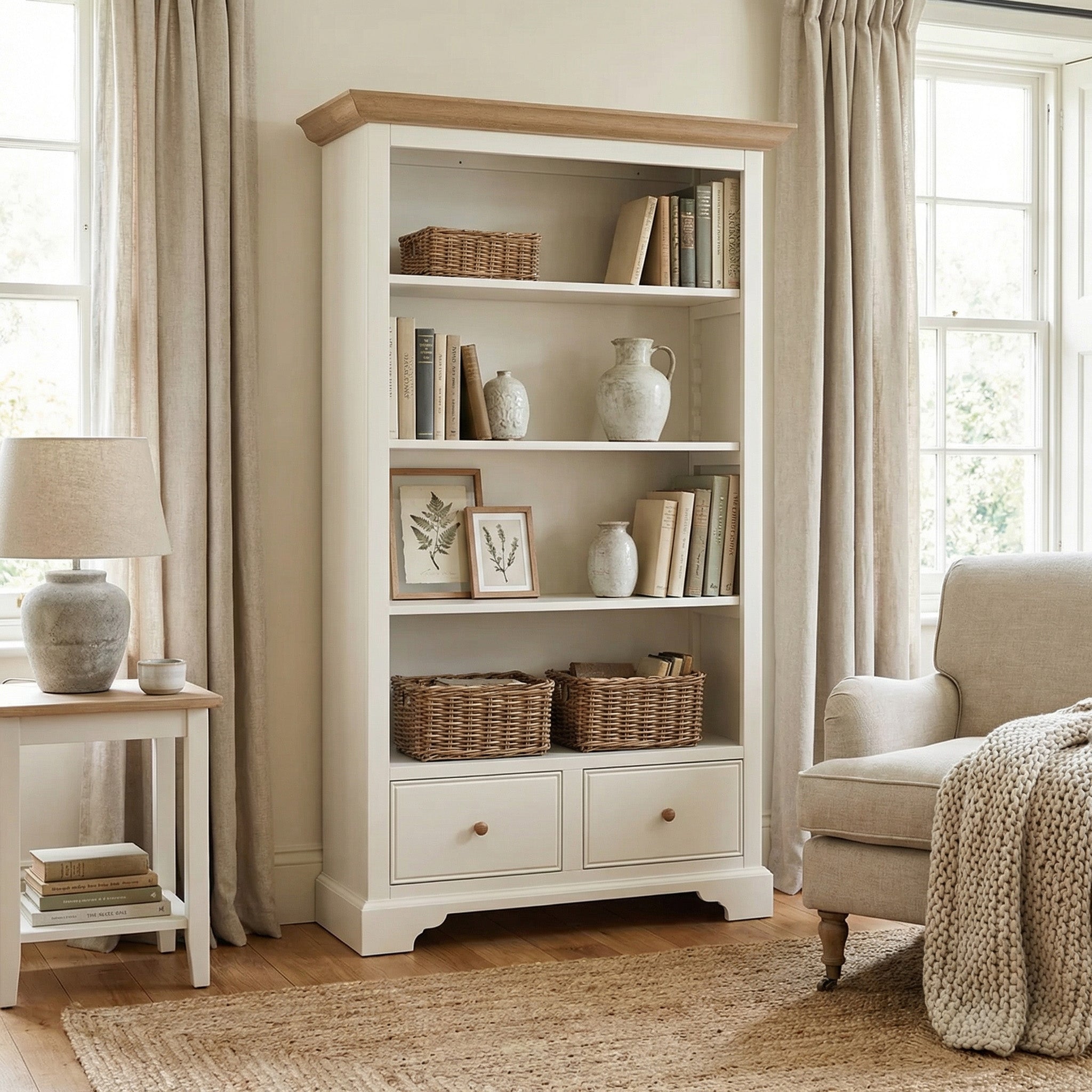 The Amberley Large Bookcase in Warm White is styled with decor, baskets, and framed art in a cozy, sunlit living room featuring neutral tones.