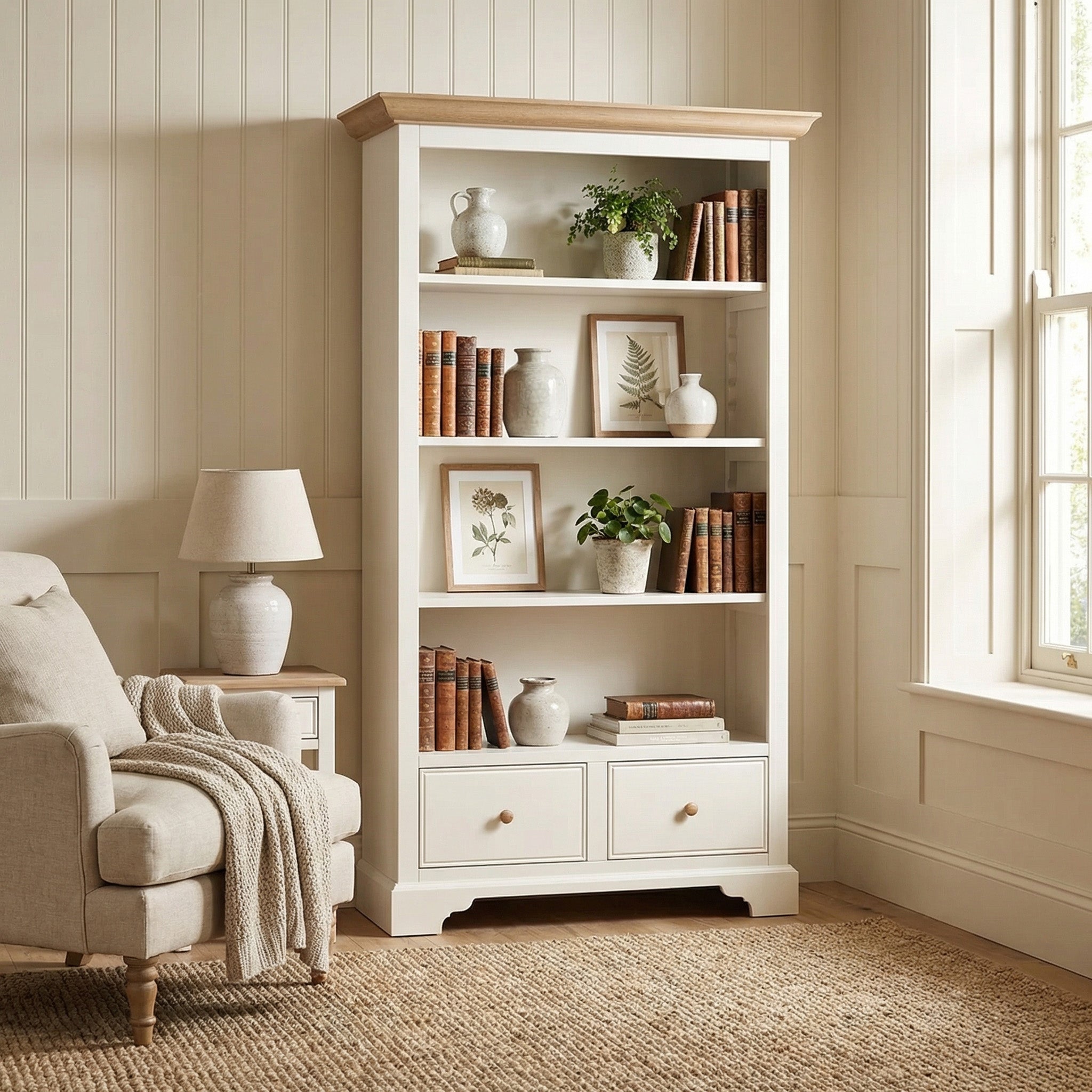 The Amberley Large Bookcase in Warm White, styled with books, plants, and framed art, stands beside a beige armchair in a cozy, sunlit room.