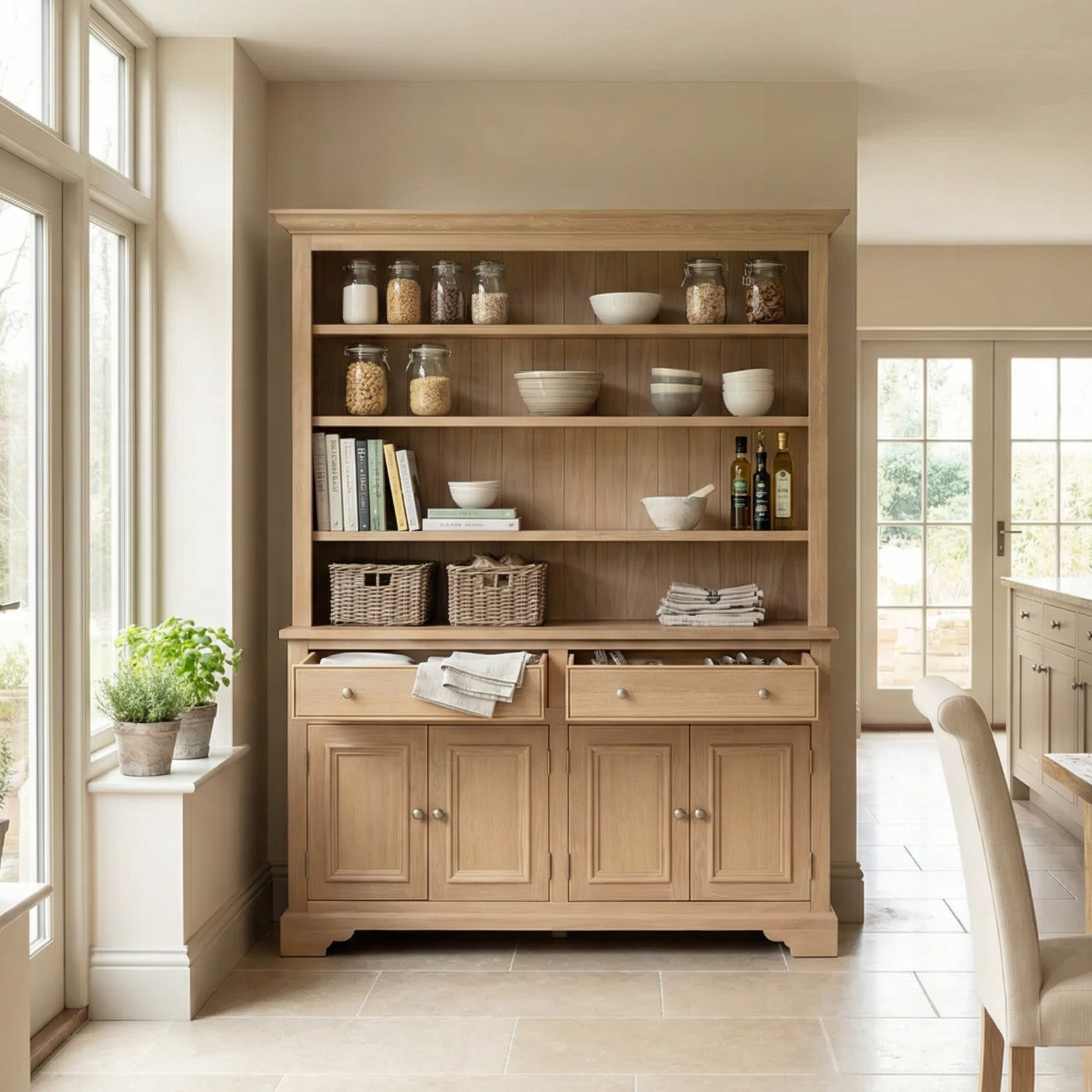 The Amberley 5ft Grand Open Dresser in Light Oak is a wooden kitchen cabinet with shelves displaying jars, bowls, books, baskets, and bottles in a bright room.