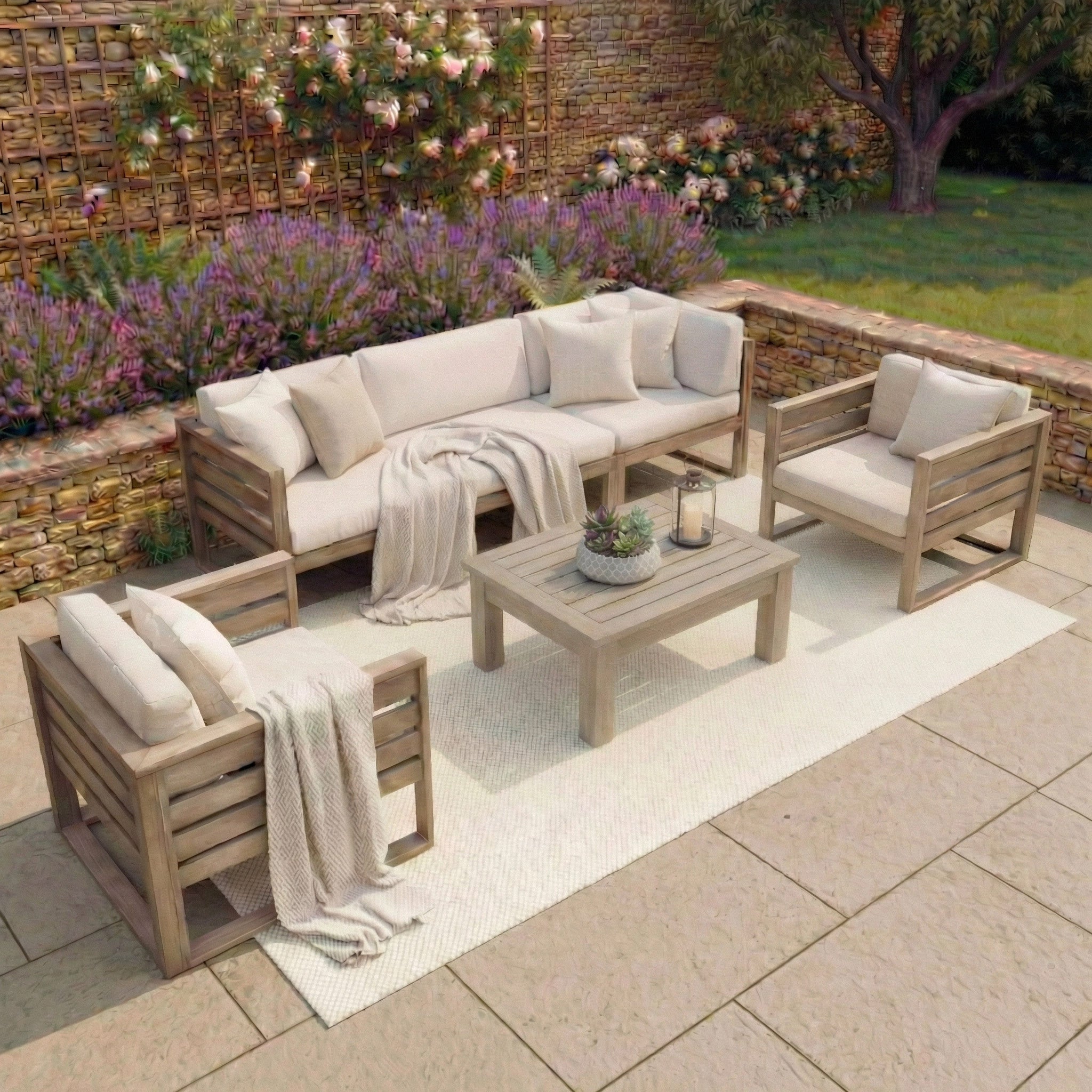 Outdoor patio featuring the Andora 3 Seat Sofa Set with Coffee Table/Footstool in Weathered Brown, weather-resistant cushions, plants, all set on tiled flooring and a rug.