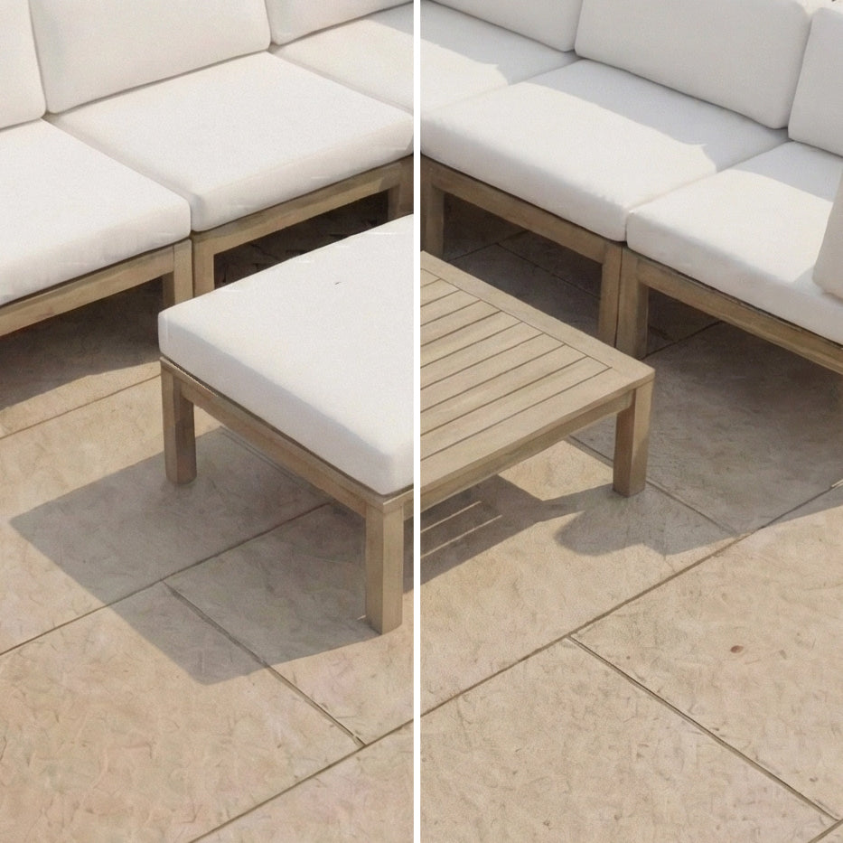 Split image of a patio with the Andora Coffee Table & Footstool in Weathered Brown and Linen; left side looks dirty, while the right side featuring spotless, inviting furniture.