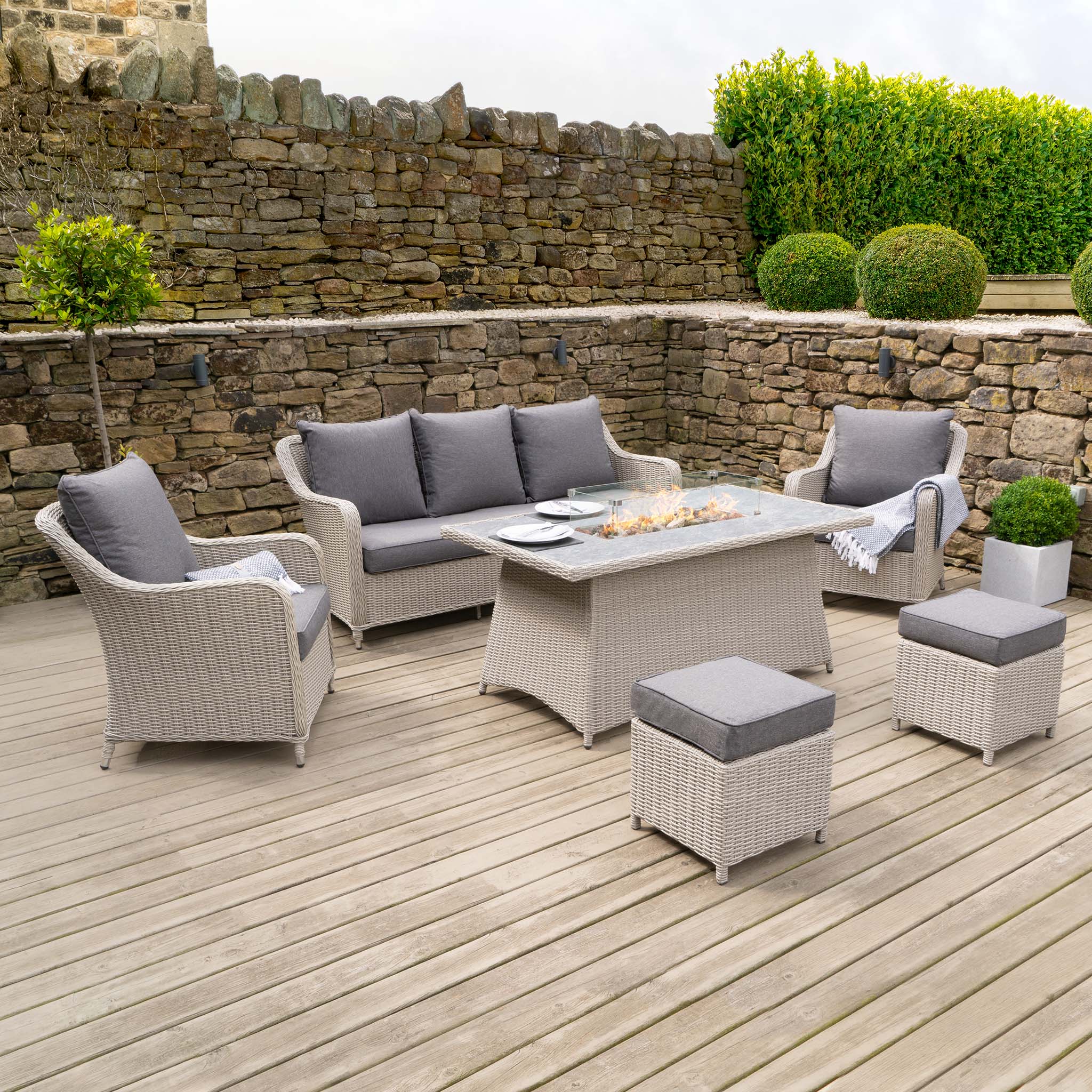 Antigua 3 Seat Rattan Sofa Dining Set with Firepit Table in Stone Grey