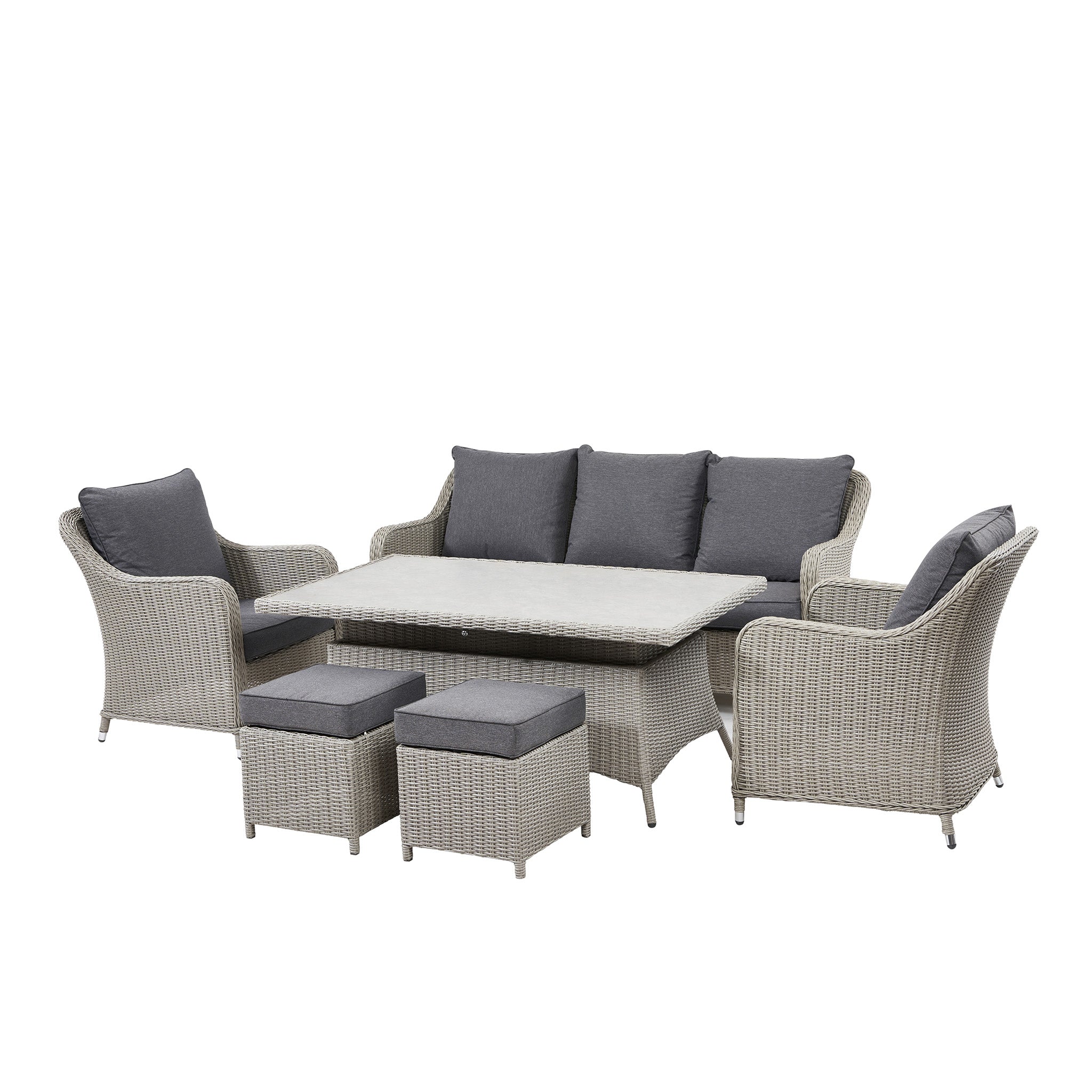 Antigua 3 Seat Rattan Sofa Dining Set with Rising Table in Stone Grey