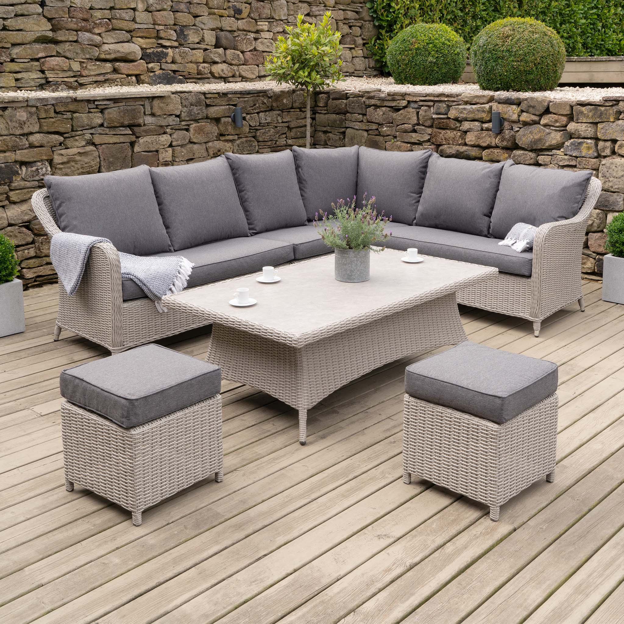 Antigua Rattan Corner Dining Set with Rising Table in Stone Grey