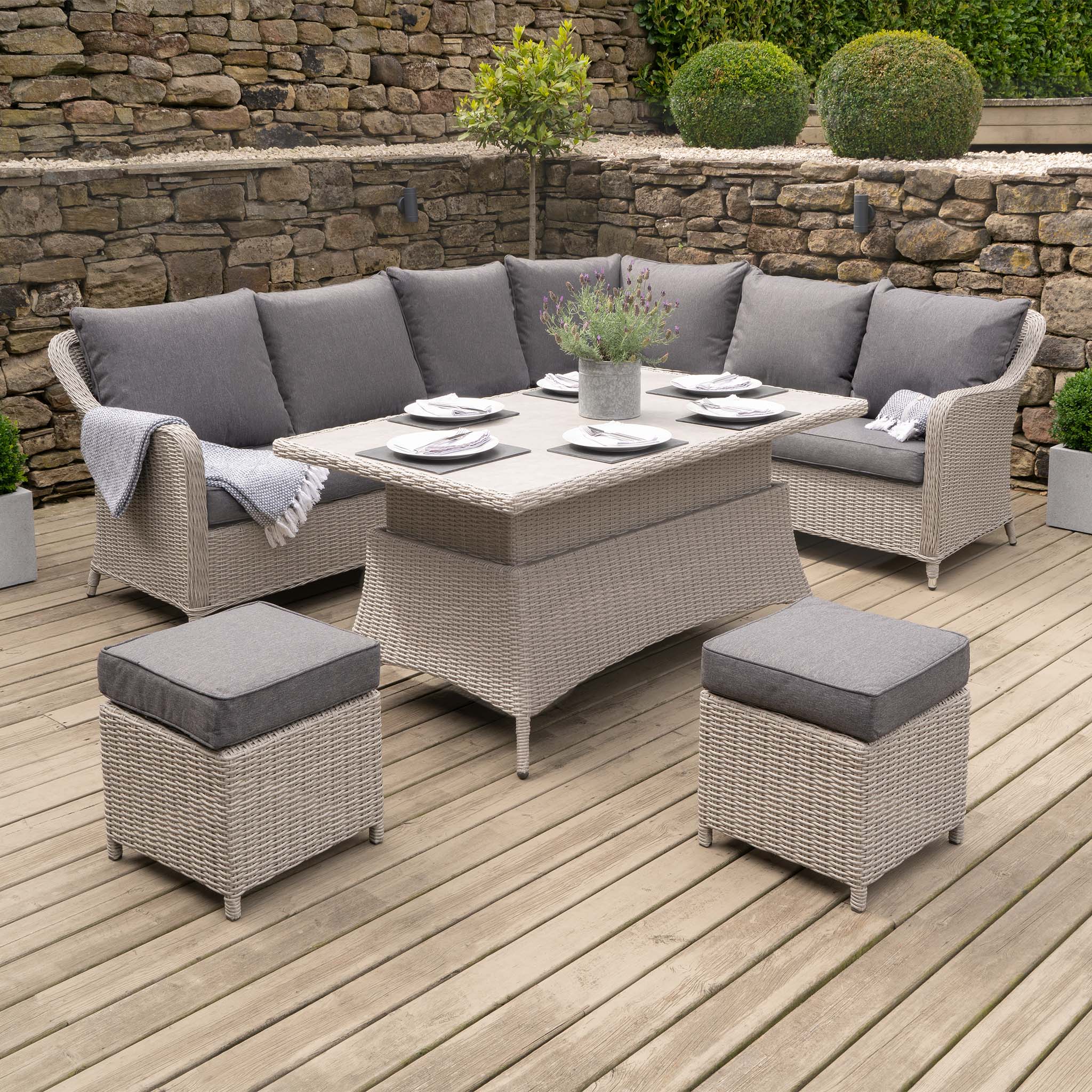Antigua Rattan Corner Dining Set with Rising Table in Stone Grey