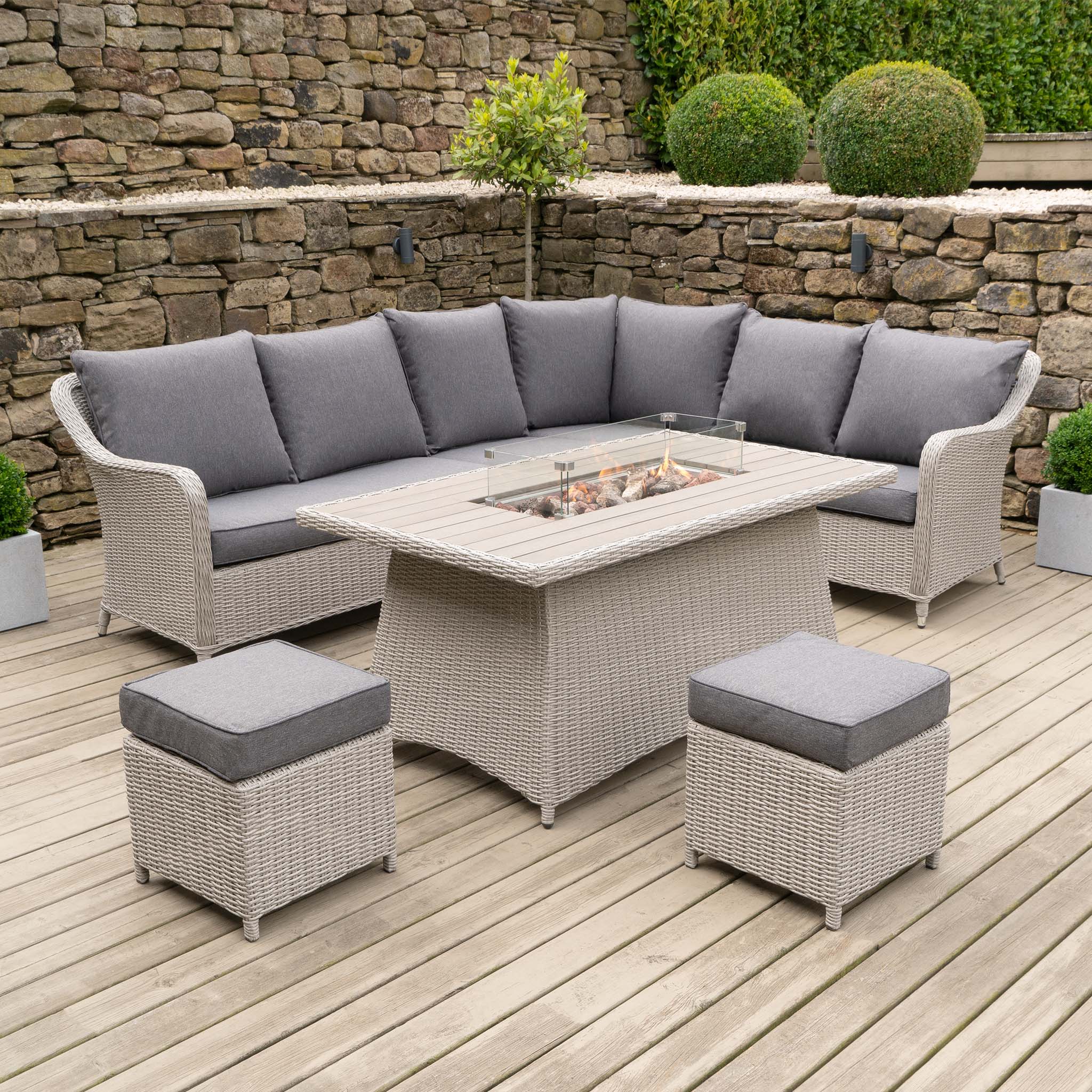Antigua Rattan Corner Dining Set with Polywood Top & Firepit in Stone Grey