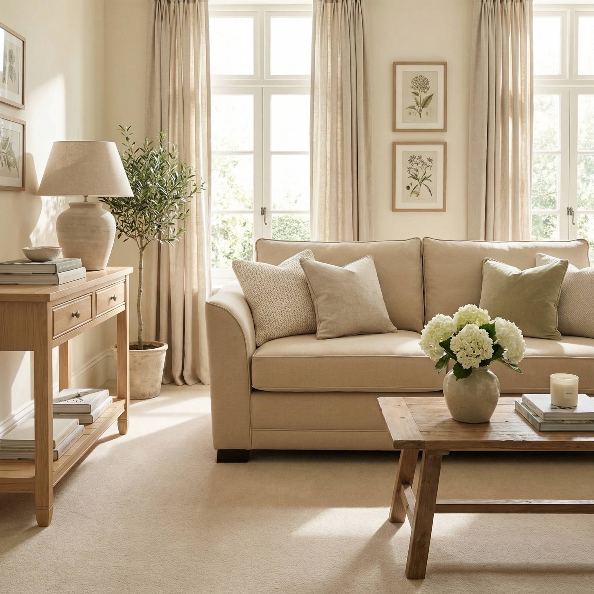Bright, cozy living room with the Ardley 3 Seat Sofa Bed in Beige, wooden furniture, and soft natural light streaming through large windows.