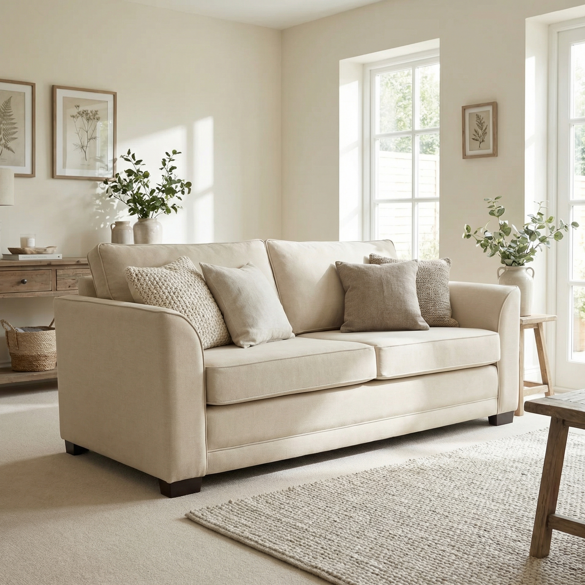 The Ardley 3 Seat Sofa Bed in Beige brings neutral comfort to a bright, modern living room with cozy cushions, natural light, lush plants, and mattress-like softness.