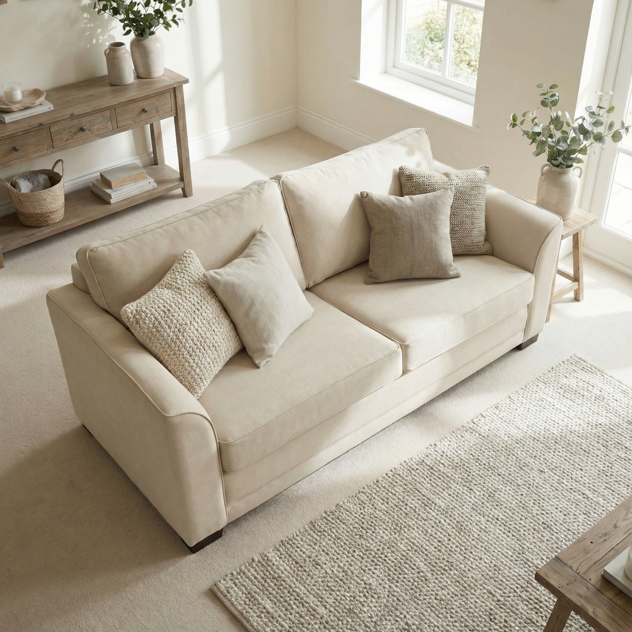 The Ardley 3 Seat Sofa Bed in Beige sits in a bright, airy living room with neutral cushions, natural light, and minimal décor.