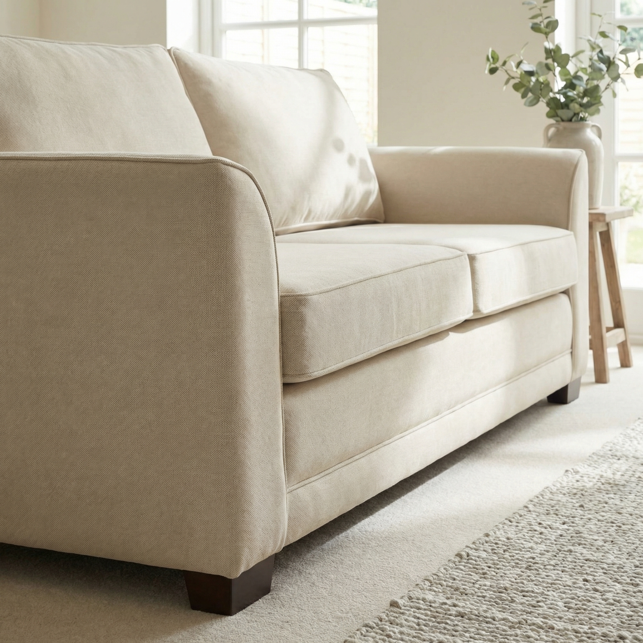 The Ardley 3 Seat Sofa Bed in Beige features a comfy foam mattress, shown here in a bright living room with a nearby wooden side table and a vase of greenery for added relaxation.