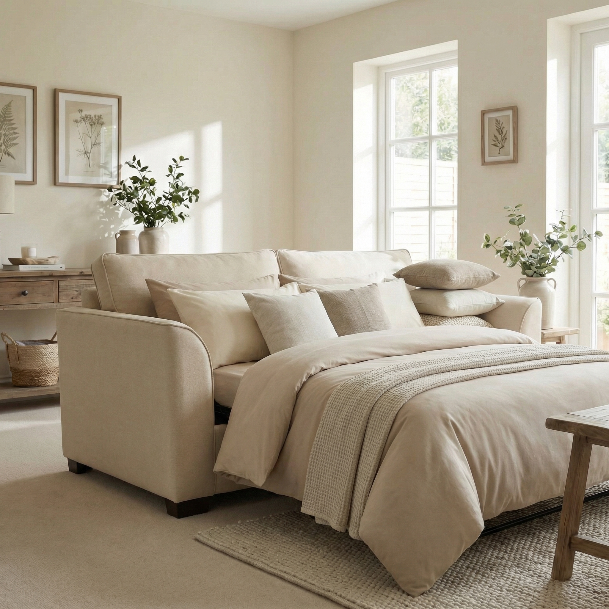 The Ardley 3 Seat Sofa Bed in Beige features cozy bedding in a bright, stylish living room with large windows and botanical decor—perfect for luxury guest stays from the UK sofa bed collection.