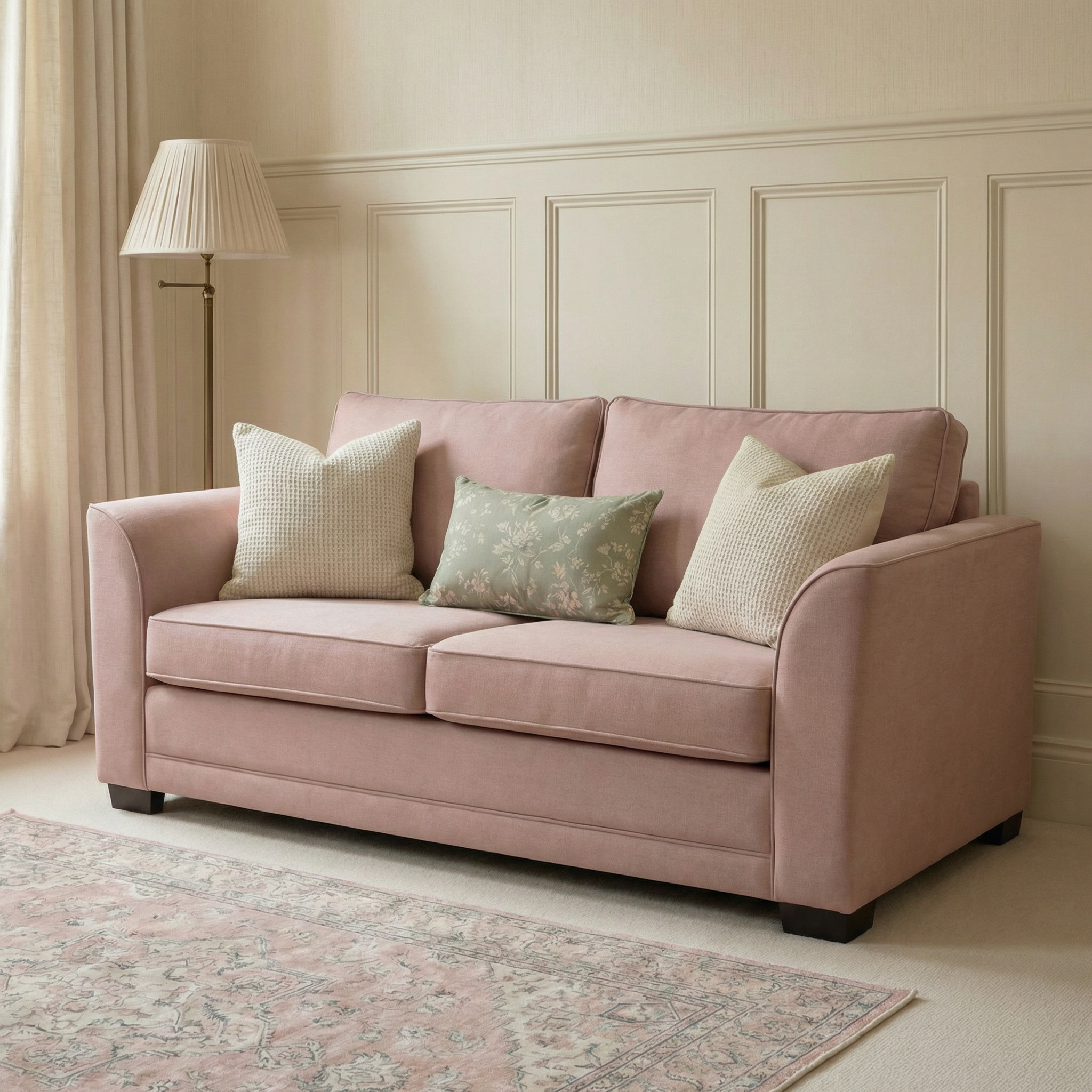 An Ardley 3 Seat Sofa Bed in dusky pink is placed in a bright, elegant living room featuring a floor lamp and patterned rug.