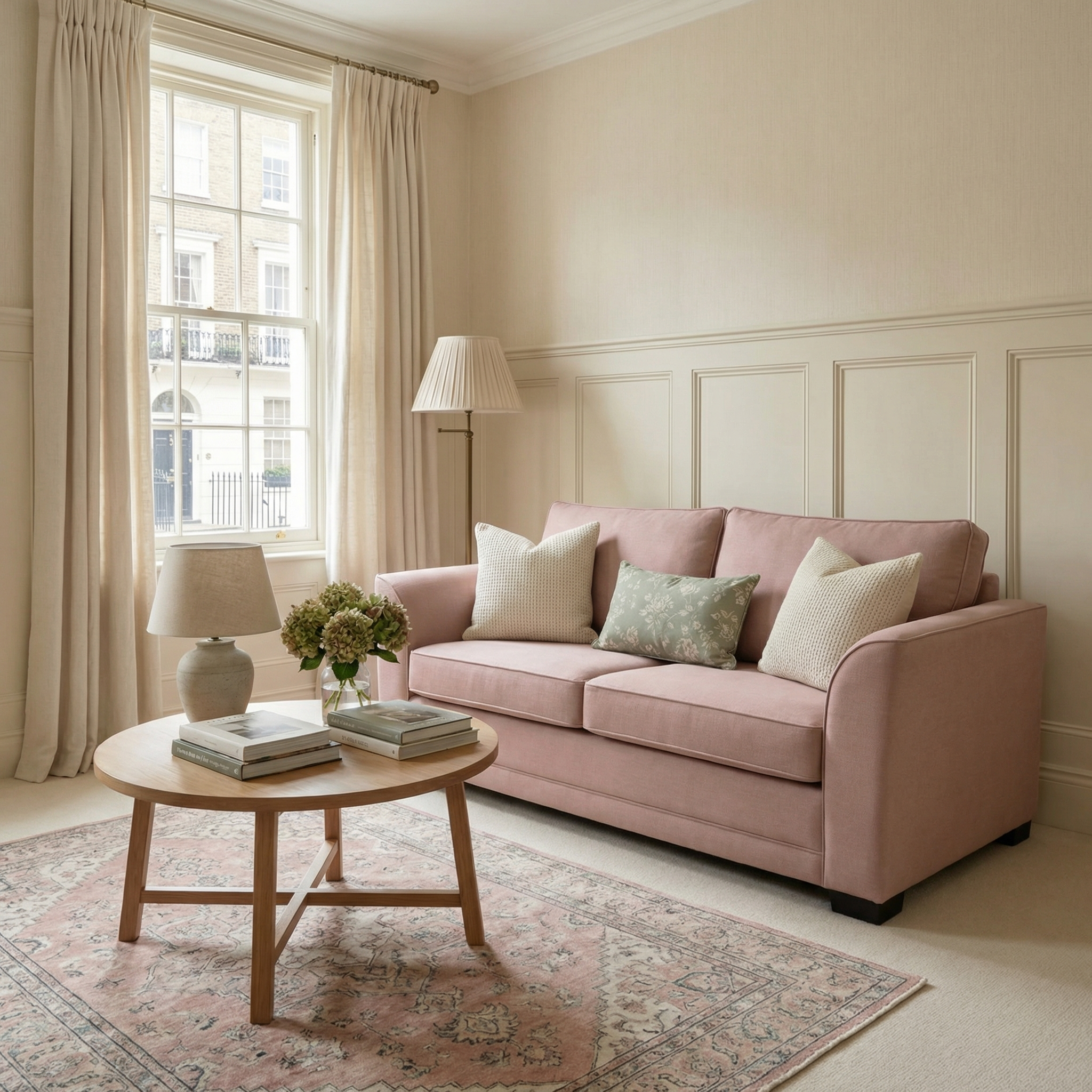 The Ardley 3 Seat Sofa Bed in Dusky Pink with cushions is featured in a bright, elegant living room alongside a round wooden coffee table and a rug.
