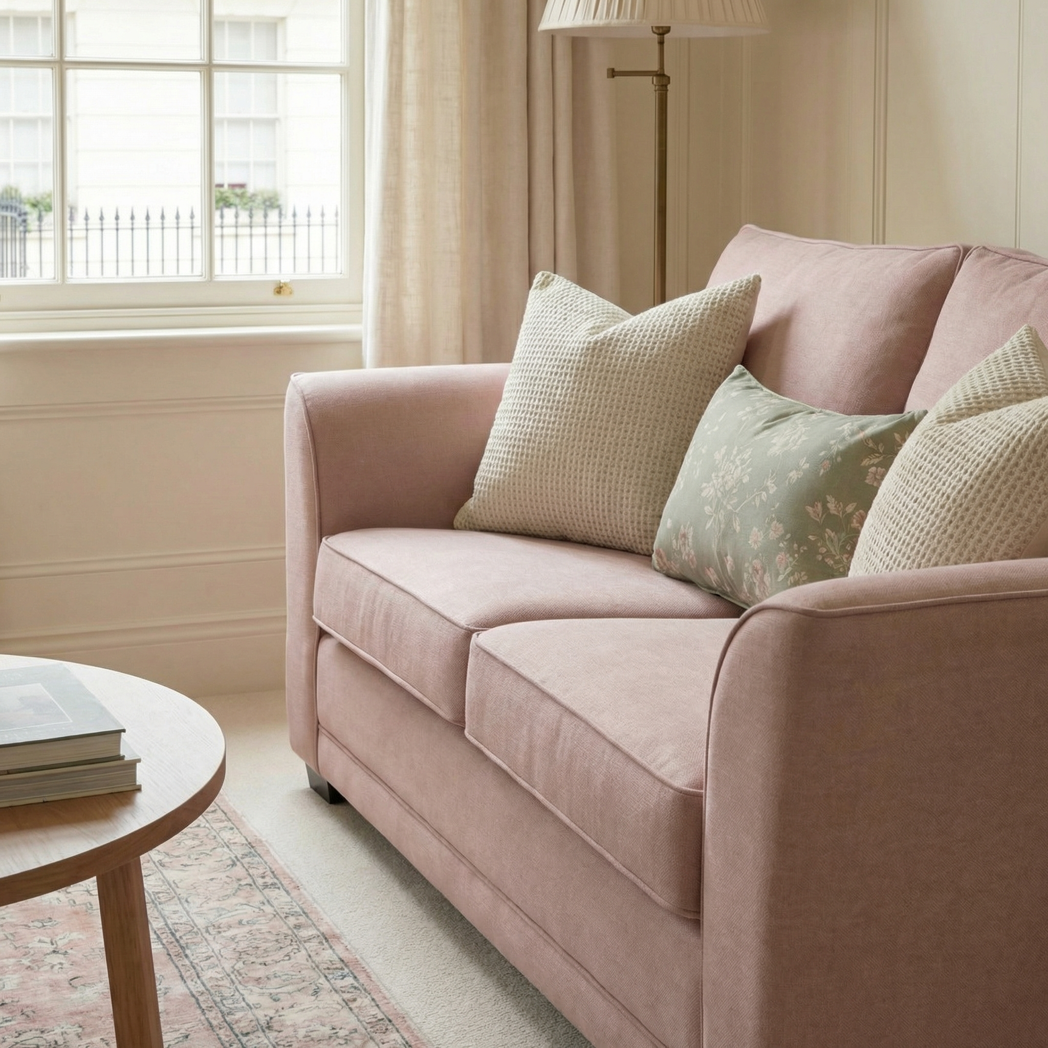 The Ardley 3 Seat Sofa Bed in dusky pink, accented with patterned cushions, is placed by a window in a bright, cozy living room.