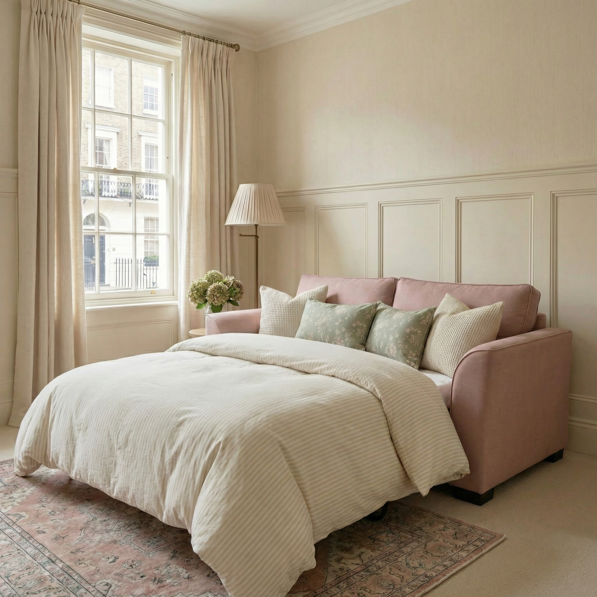 A light-filled bedroom featuring the Ardley 3 Seat Sofa Bed in Dusky Pink, styled with white bedding, pastel cushions, and a window dressed with beige curtains.