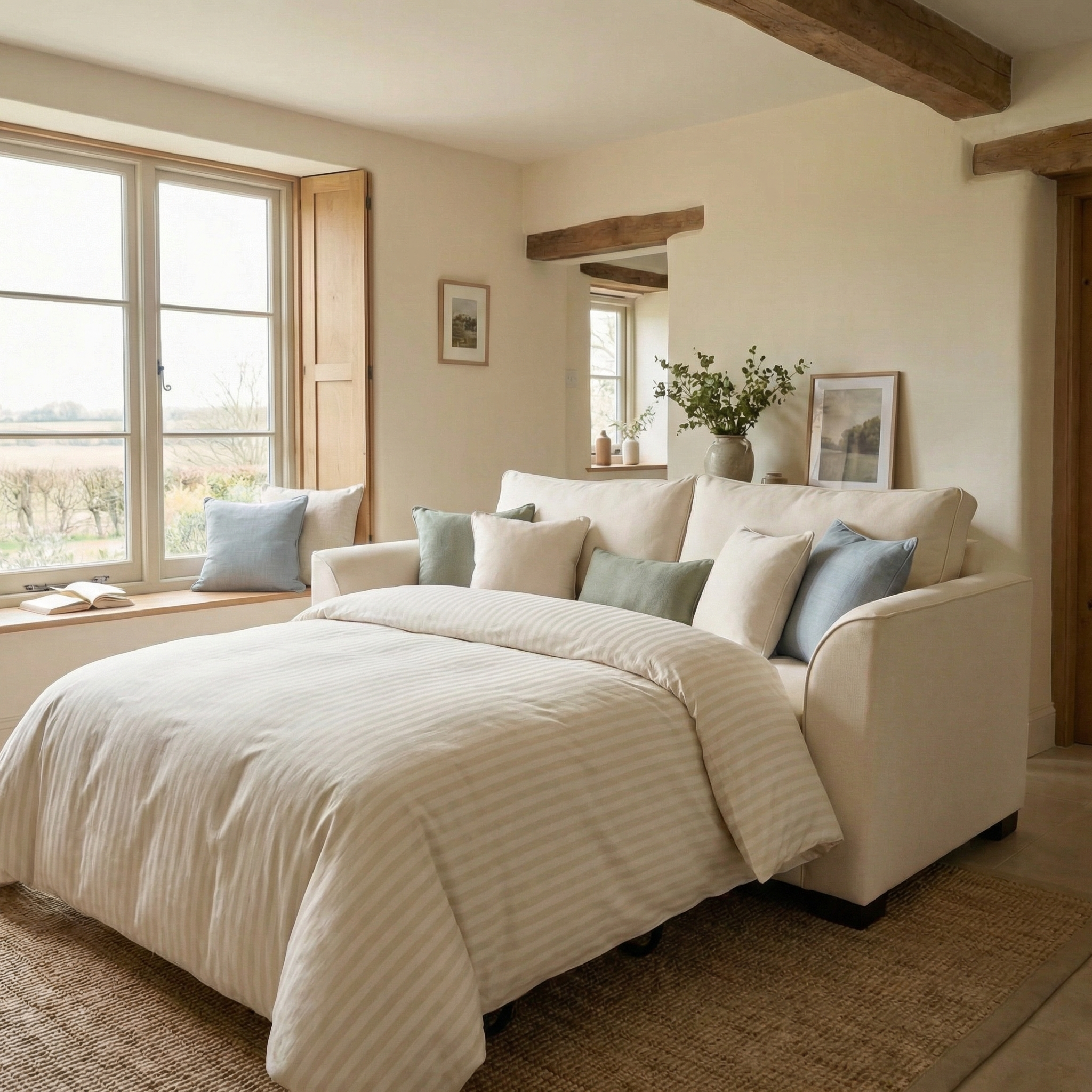 Cozy bedroom featuring the Ardley 3 Seat Sofa Bed in Ivory, striped bedding, soft pillows, a window seat, and rustic wooden beams.