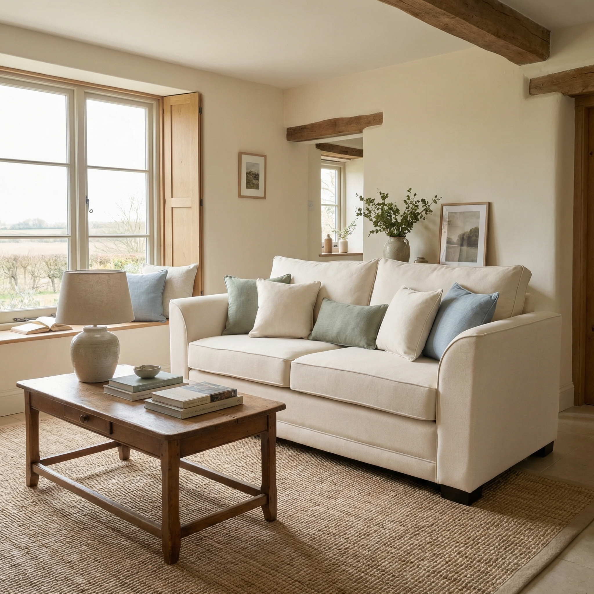 Bright living room with an Ardley 3 Seat Sofa Bed in Ivory, wooden coffee table, rug, and large window offering an outdoor view.