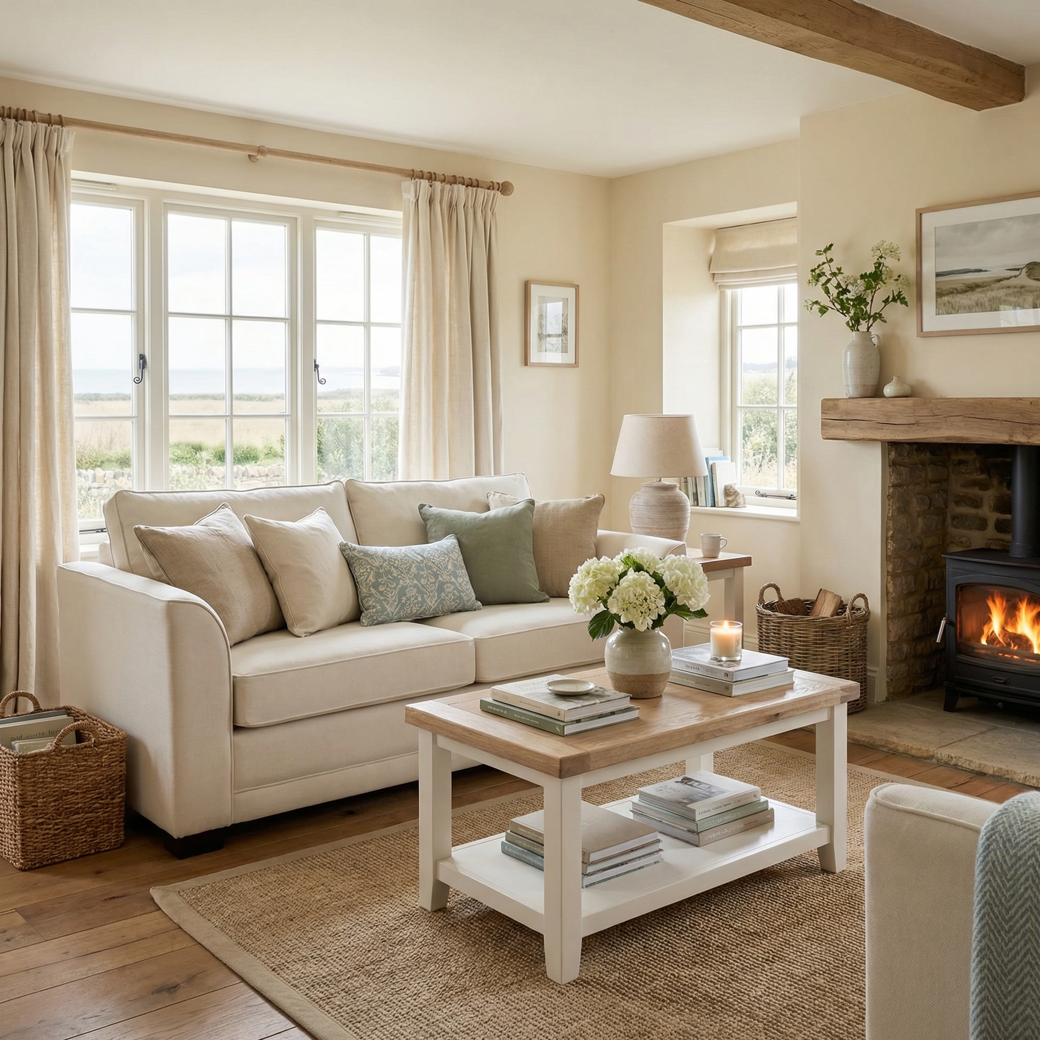 Cozy living room featuring the Ardley 3 Seat Sofa Bed in Ivory, a coffee table, fireplace, and large windows that fill the space with natural light.