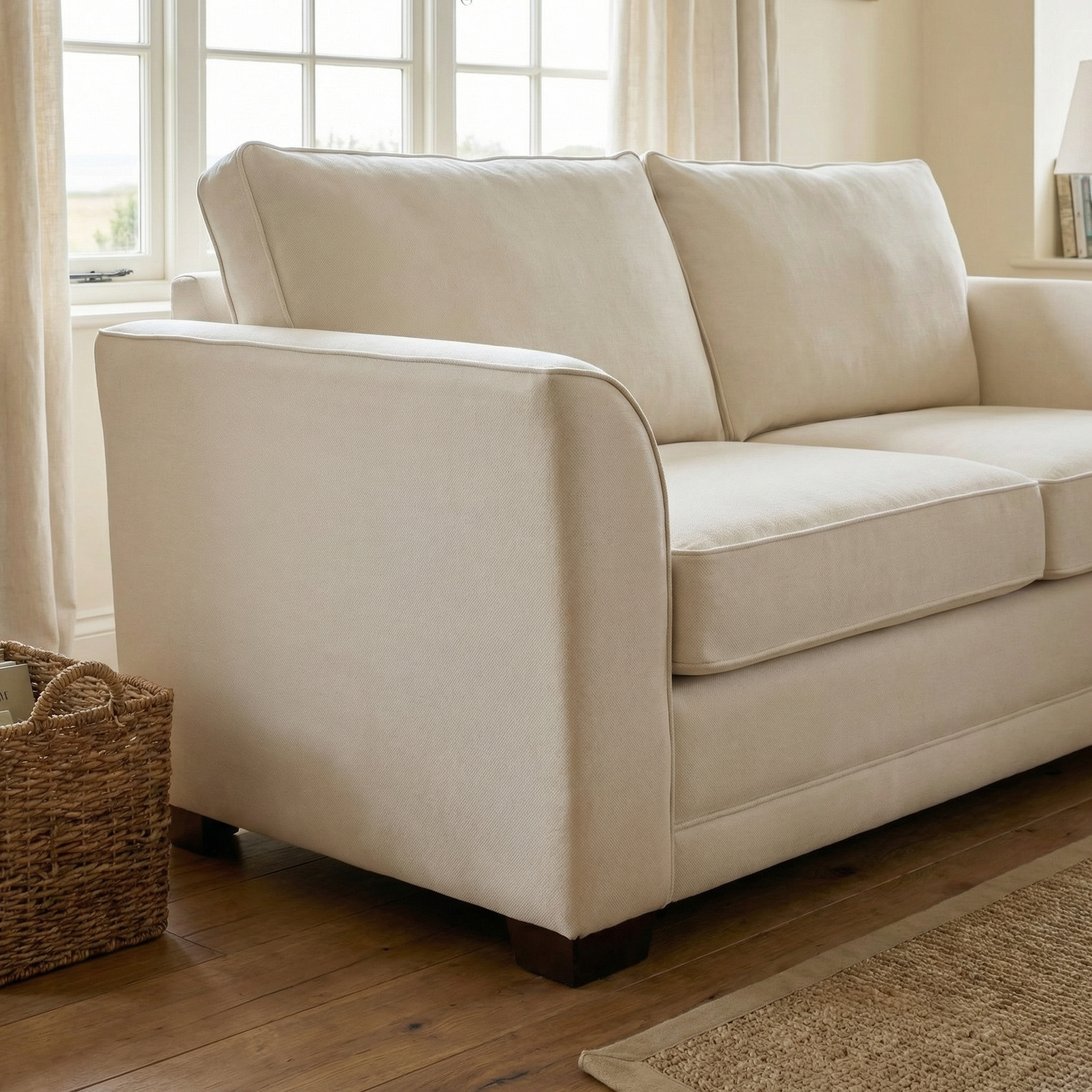The Ardley 3 Seat Sofa Bed in Ivory sits in a bright living room with wooden floors, a large window, and a woven basket nearby.