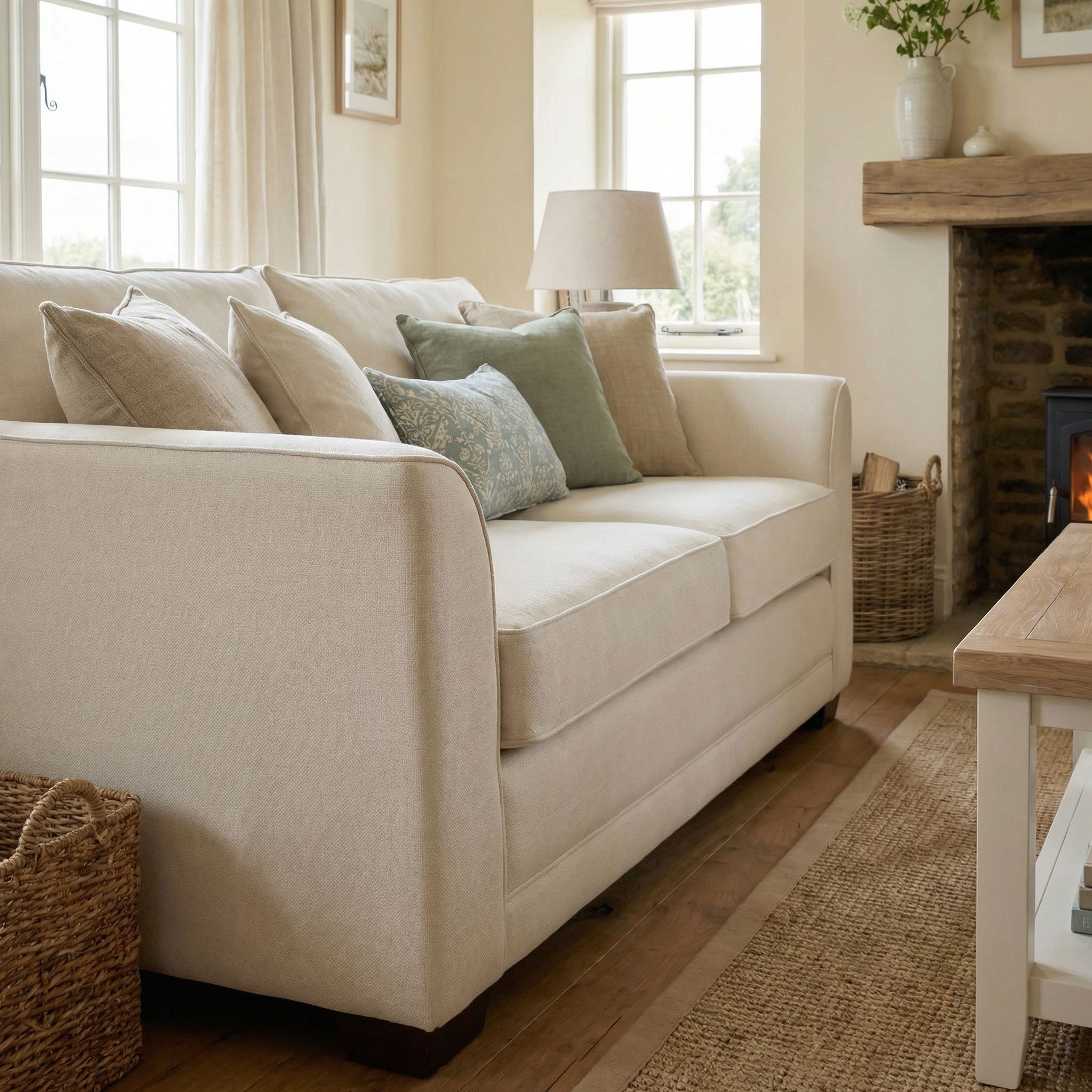 The Ardley 3 Seat Sofa Bed in Ivory is featured in a bright, inviting living room with wooden floors, a fireplace, and assorted cushions.