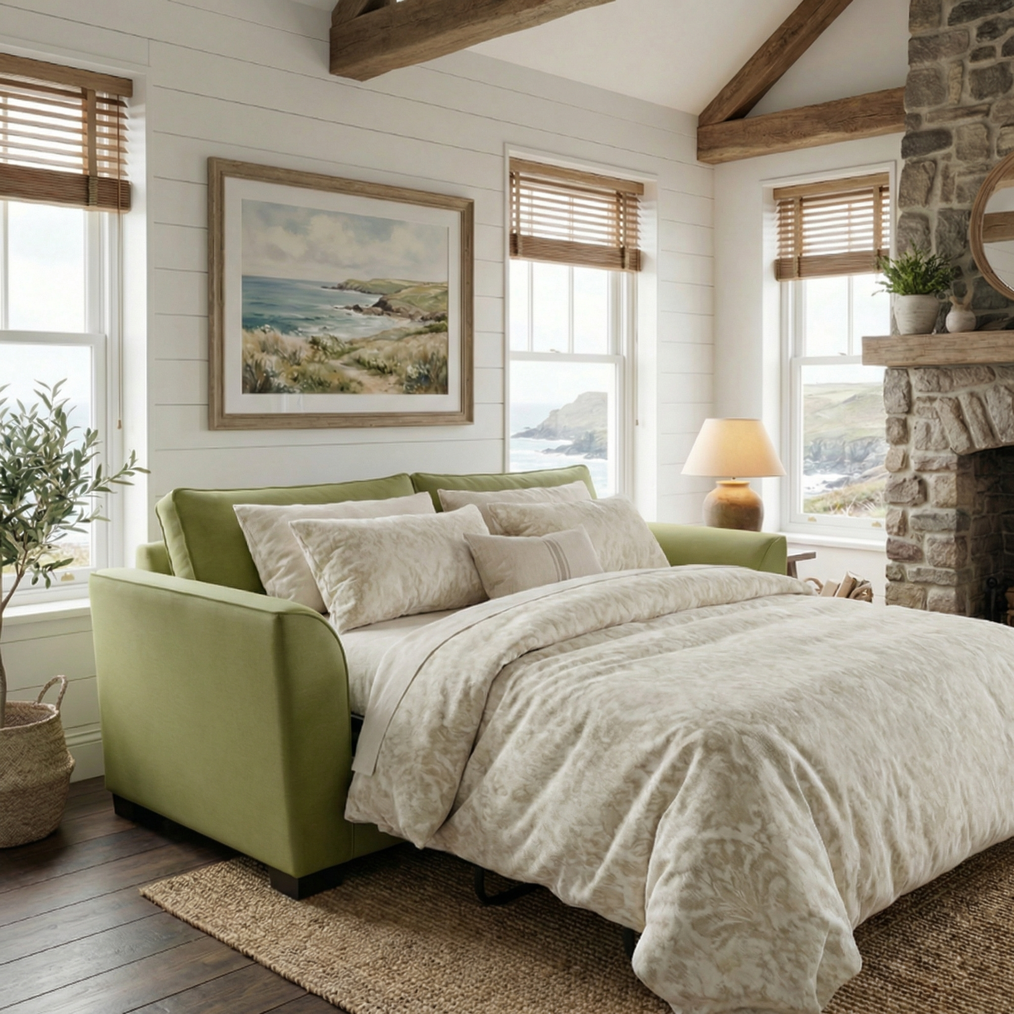 A cozy bedroom featuring the British-made Ardley 3 Seat Sofa Bed in Olive, light bedding, a stone fireplace, and windows offering scenic coastal views.