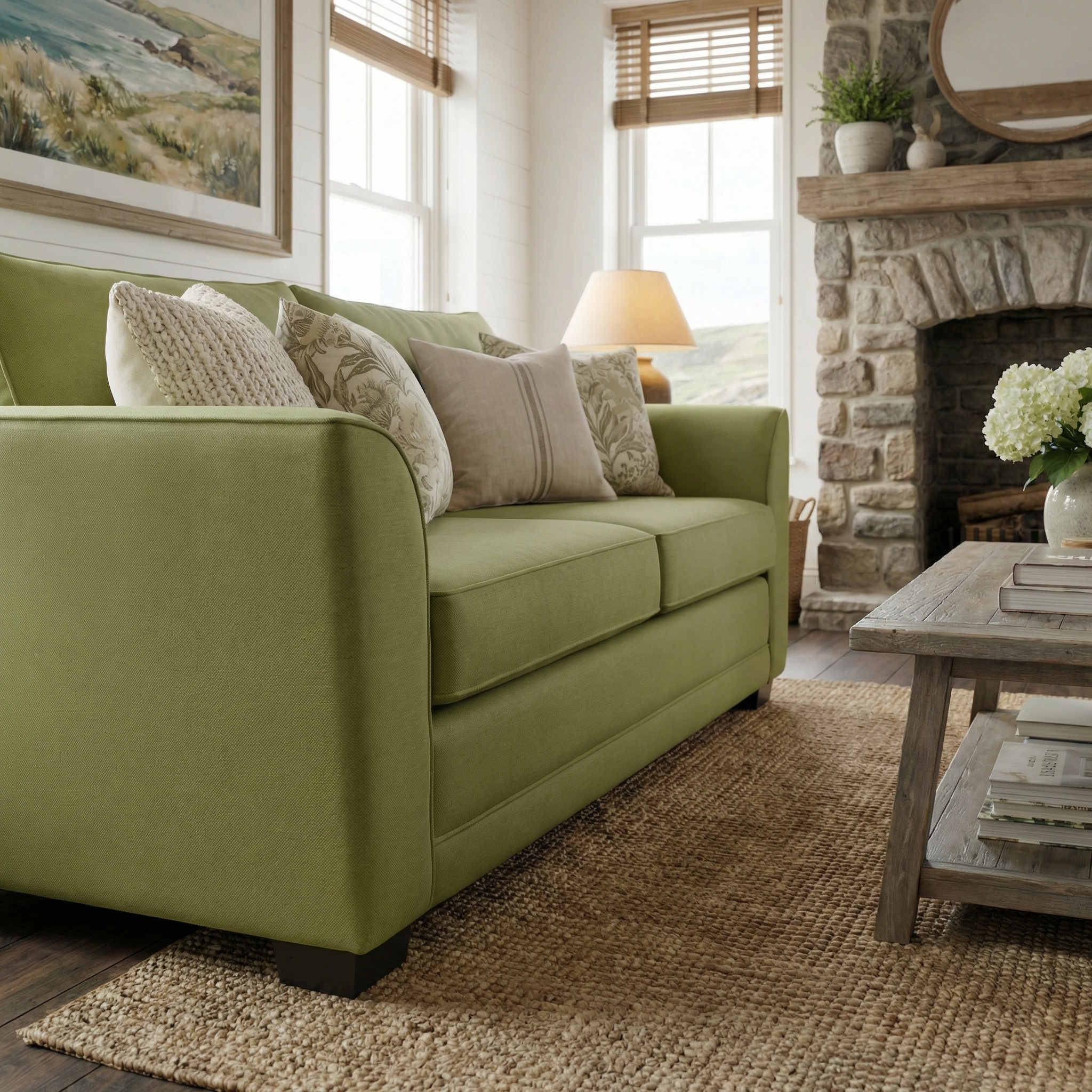 A cozy living room with an Ardley 3 Seat Sofa Bed in Olive, neutral pillows, a stone fireplace, and a rustic wooden coffee table.