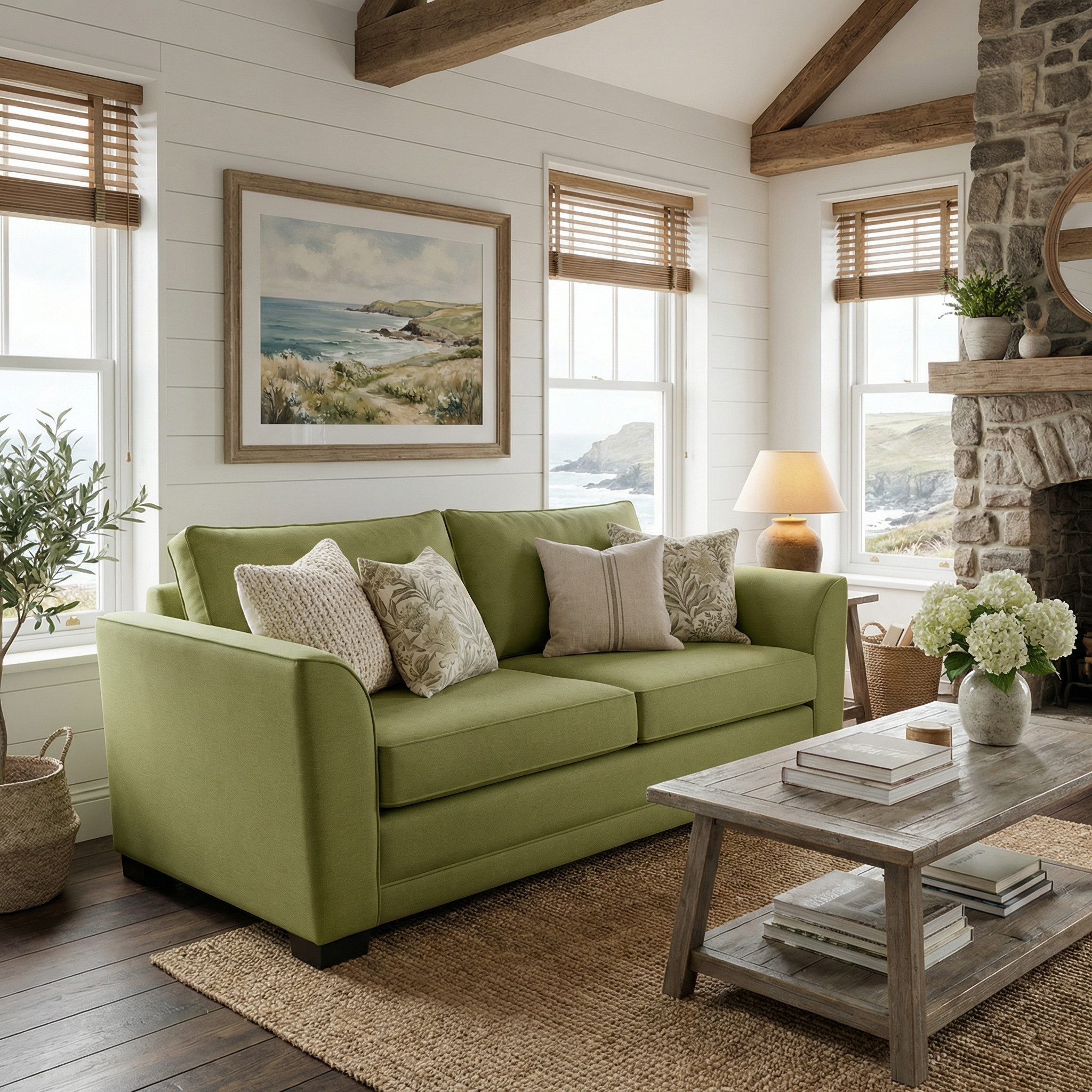 A cozy living room with the Ardley 3 Seat Sofa Bed in Olive, neutral pillows, a wooden coffee table, and coastal decor.