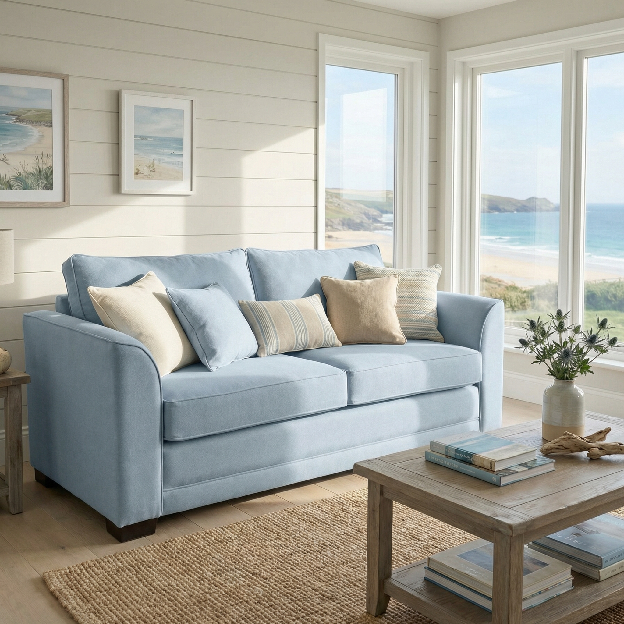 The Ardley 3 Seat Sofa Bed in Sky Blue, topped with neutral pillows, is featured in a bright beach-themed living room overlooking stunning ocean views.