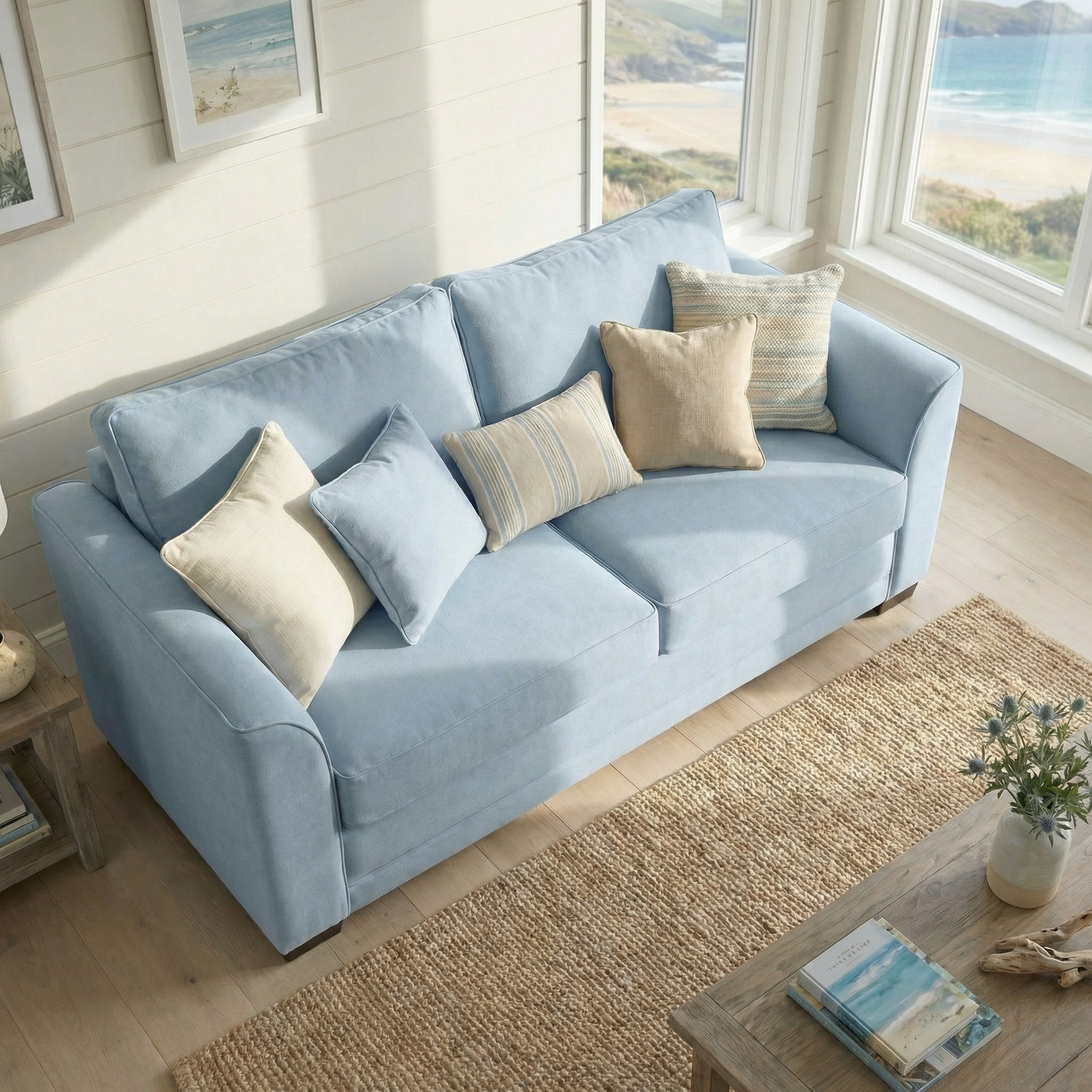 The Ardley 3 Seat Sofa Bed in Sky Blue is paired with assorted beige and blue pillows in a bright coastal living room featuring large windows.