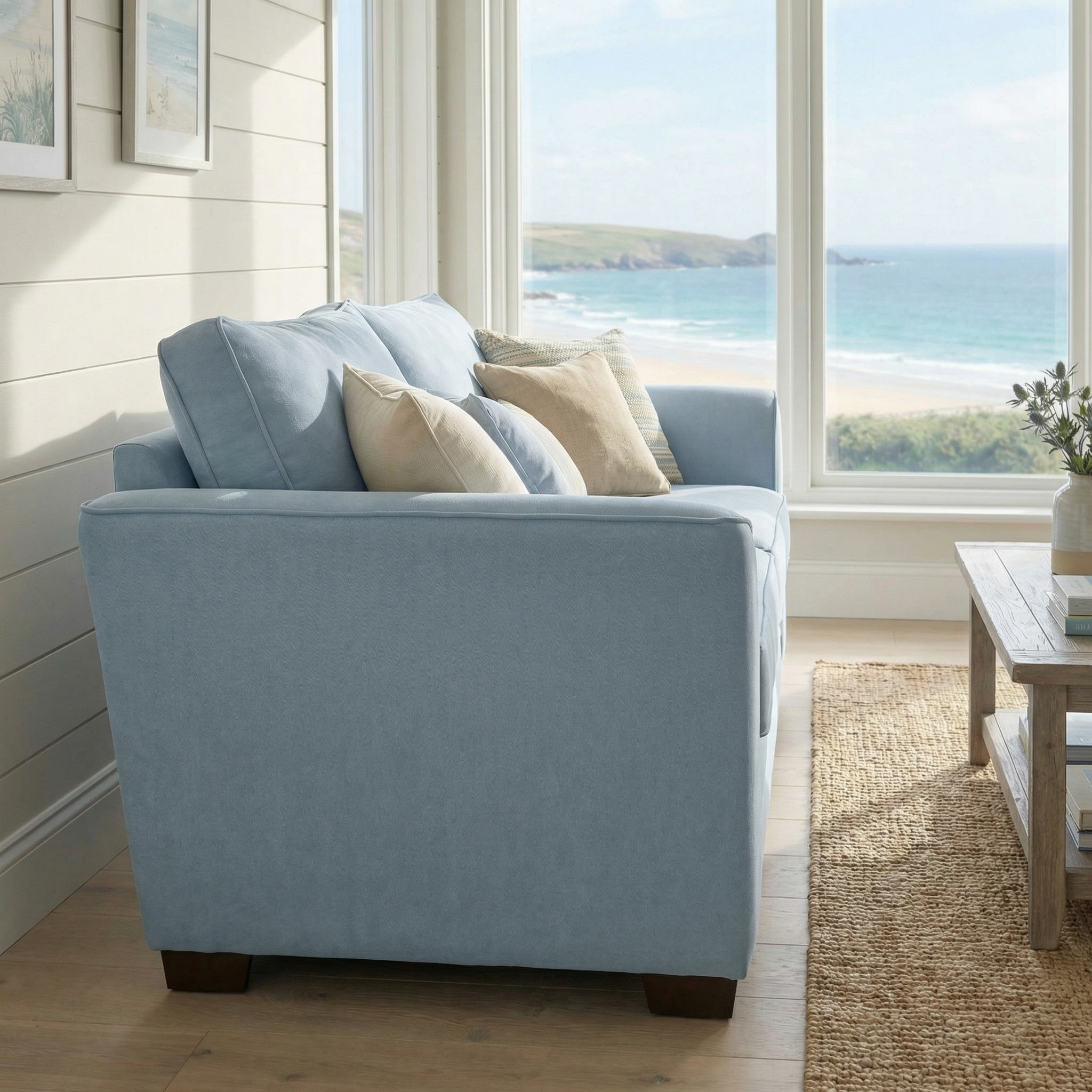 The Ardley 3 Seat Sofa Bed in Sky Blue, accented with beige pillows, is placed by large windows with a beach and ocean view, next to a wooden coffee table.
