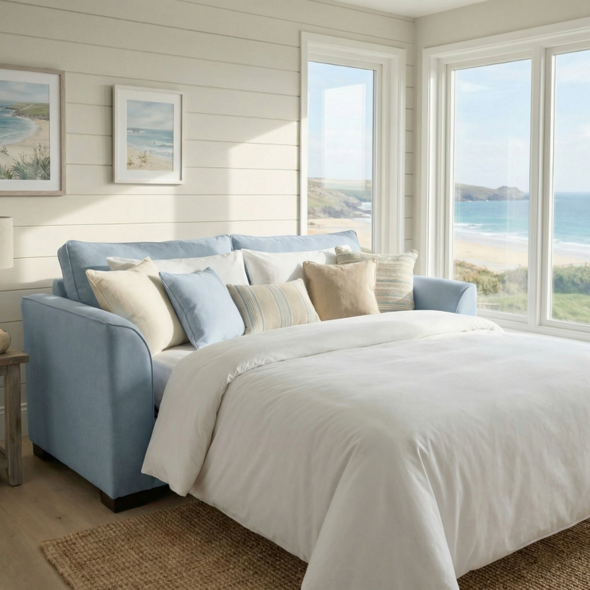 Light-filled bedroom featuring the Ardley 3 Seat Sofa Bed in Sky Blue, crisp white bedding, an ocean view, and coastal-inspired decor.