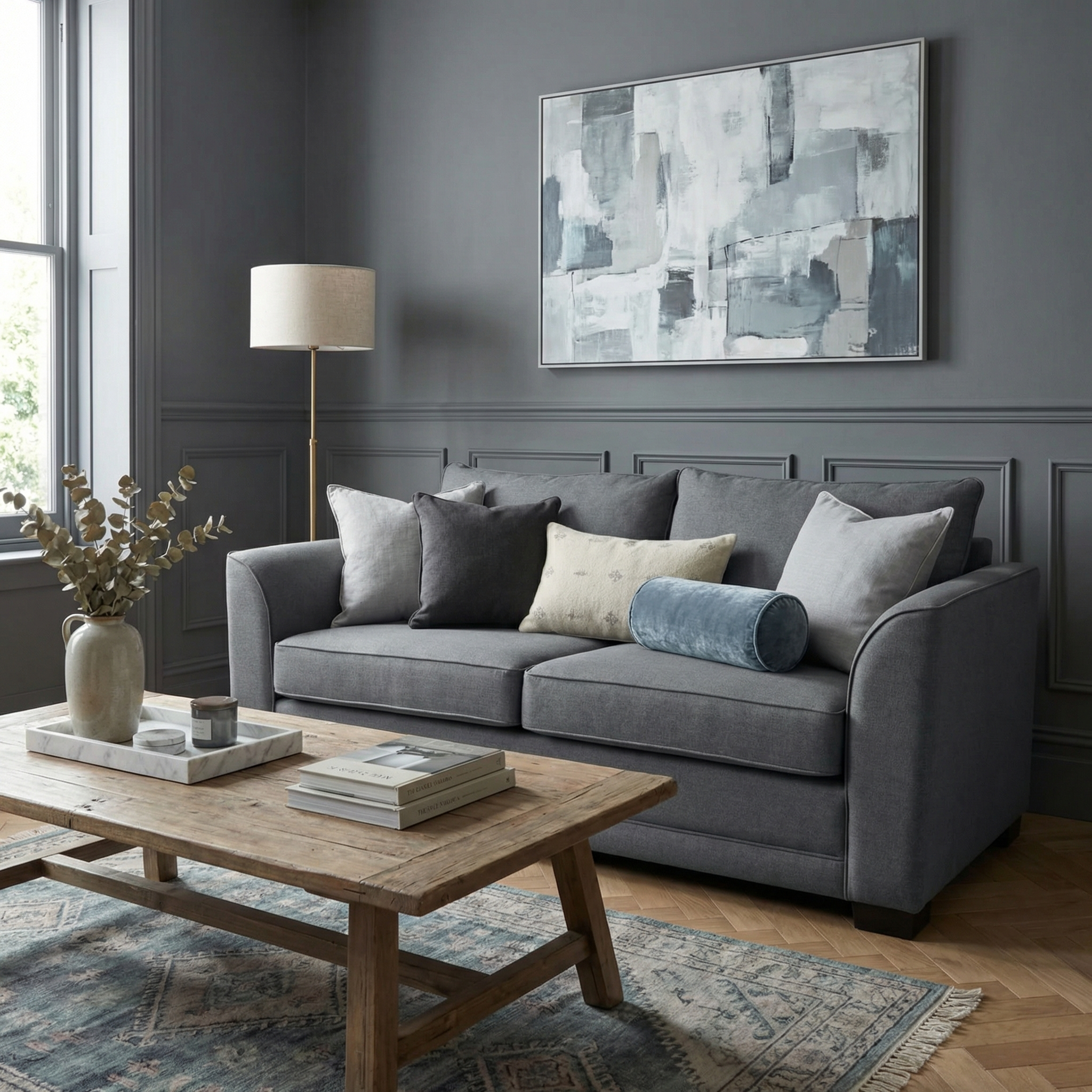 A modern living room featuring the Ardley 3 Seat Sofa Bed in Smoke Grey, a wooden coffee table, abstract art, and neutral decor.