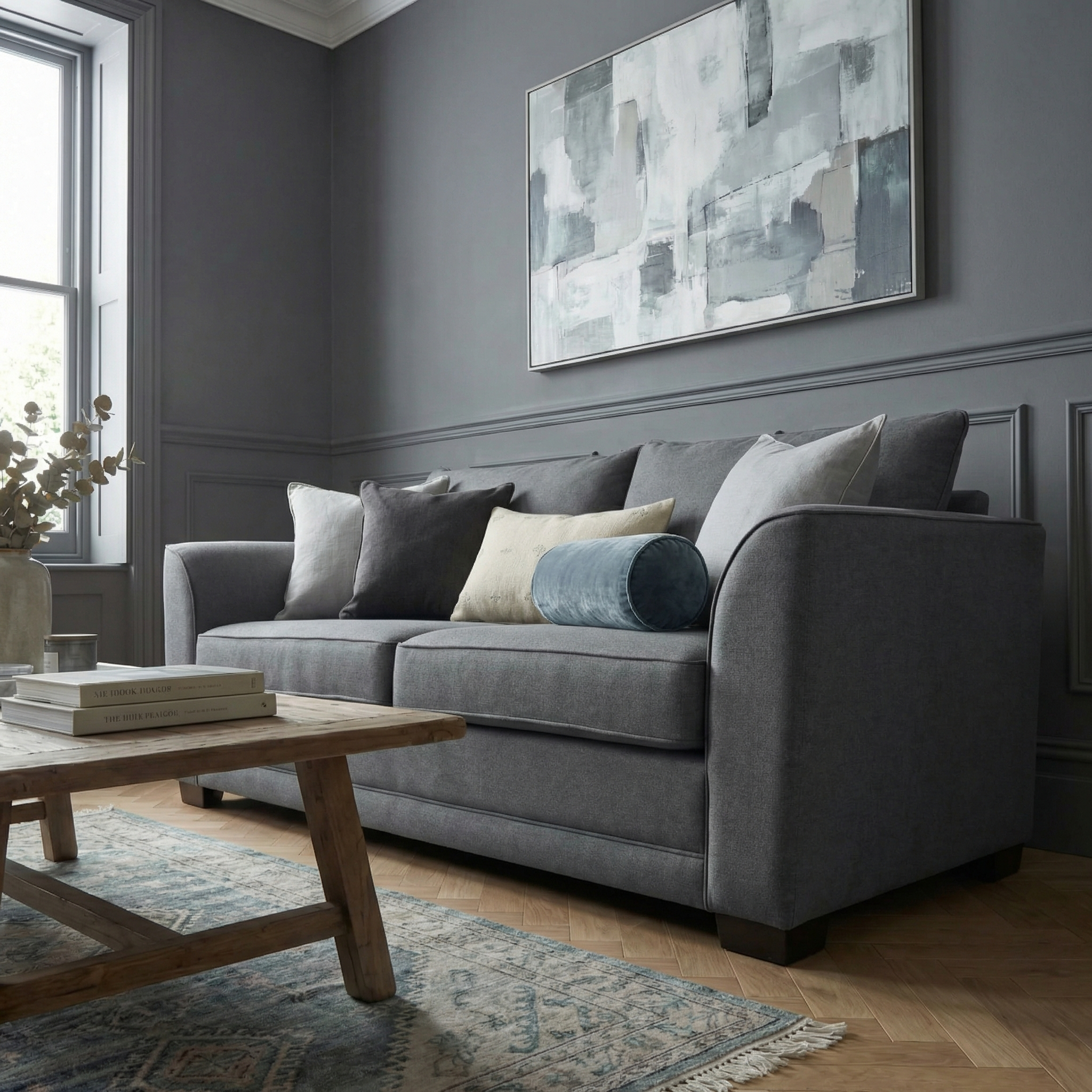 A modern living room featuring the Ardley 3 Seat Sofa Bed in Smoke Grey, abstract wall art, a wooden coffee table, and a patterned rug.