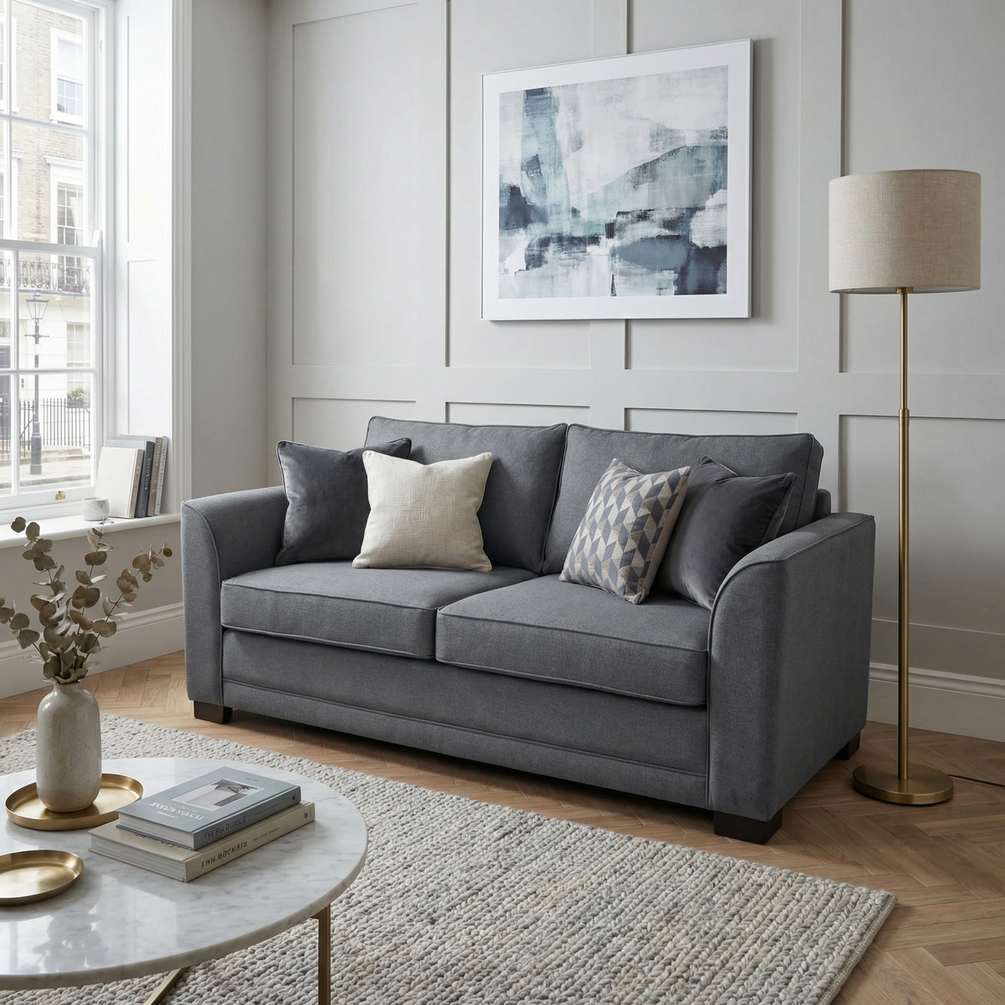 A modern living room featuring the Ardley 3 Seat Sofa Bed in Smoke Grey, patterned pillows, abstract art, and a floor lamp.