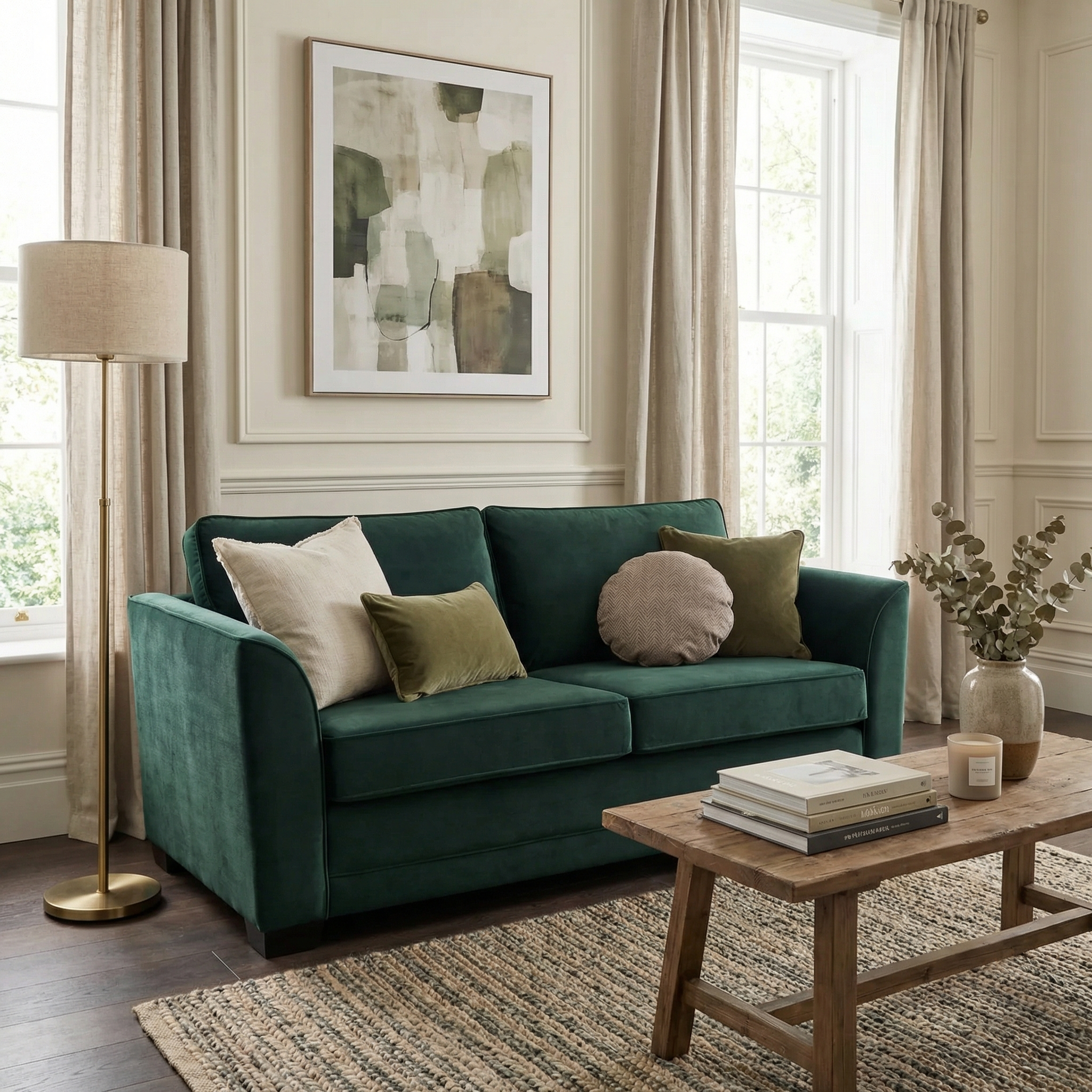 The Ardley 3 Seat Velvet Sofa Bed in Bottle Green, topped with neutral pillows, is placed in a bright living room featuring large windows, artwork, and a wooden coffee table.
