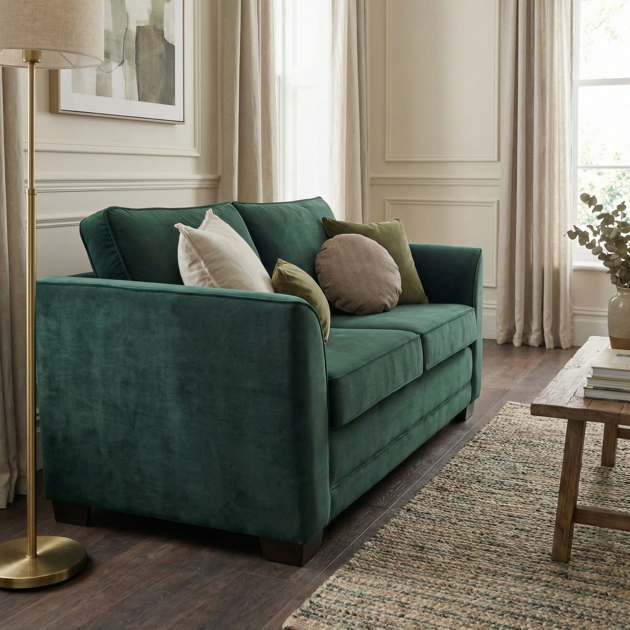 The Ardley 3 Seat Velvet Sofa Bed in Bottle Green, accented with assorted cushions, is placed in a bright, stylish living room with neutral decor and a cozy rug.
