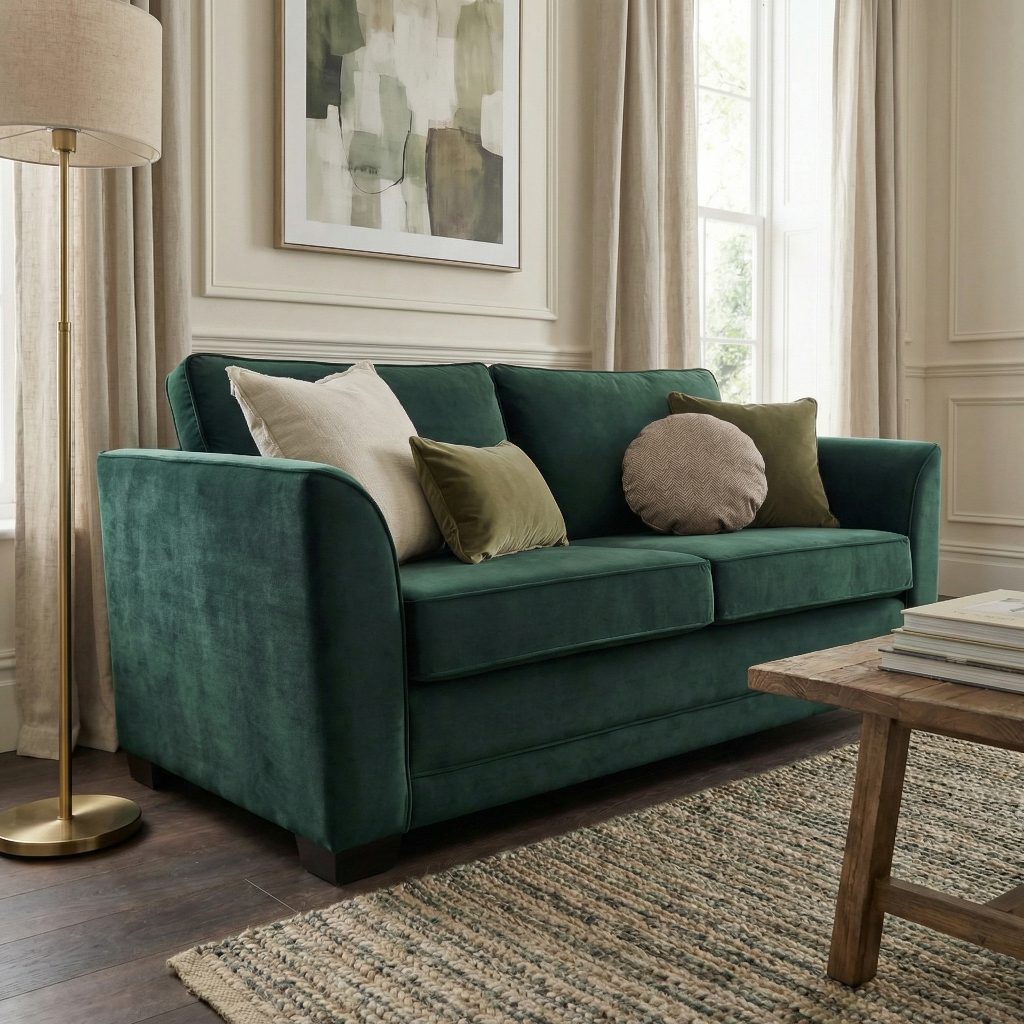The Ardley 3 Seat Velvet Sofa Bed in Bottle Green, styled with assorted pillows, stands in a bright living room featuring neutral decor and large windows.