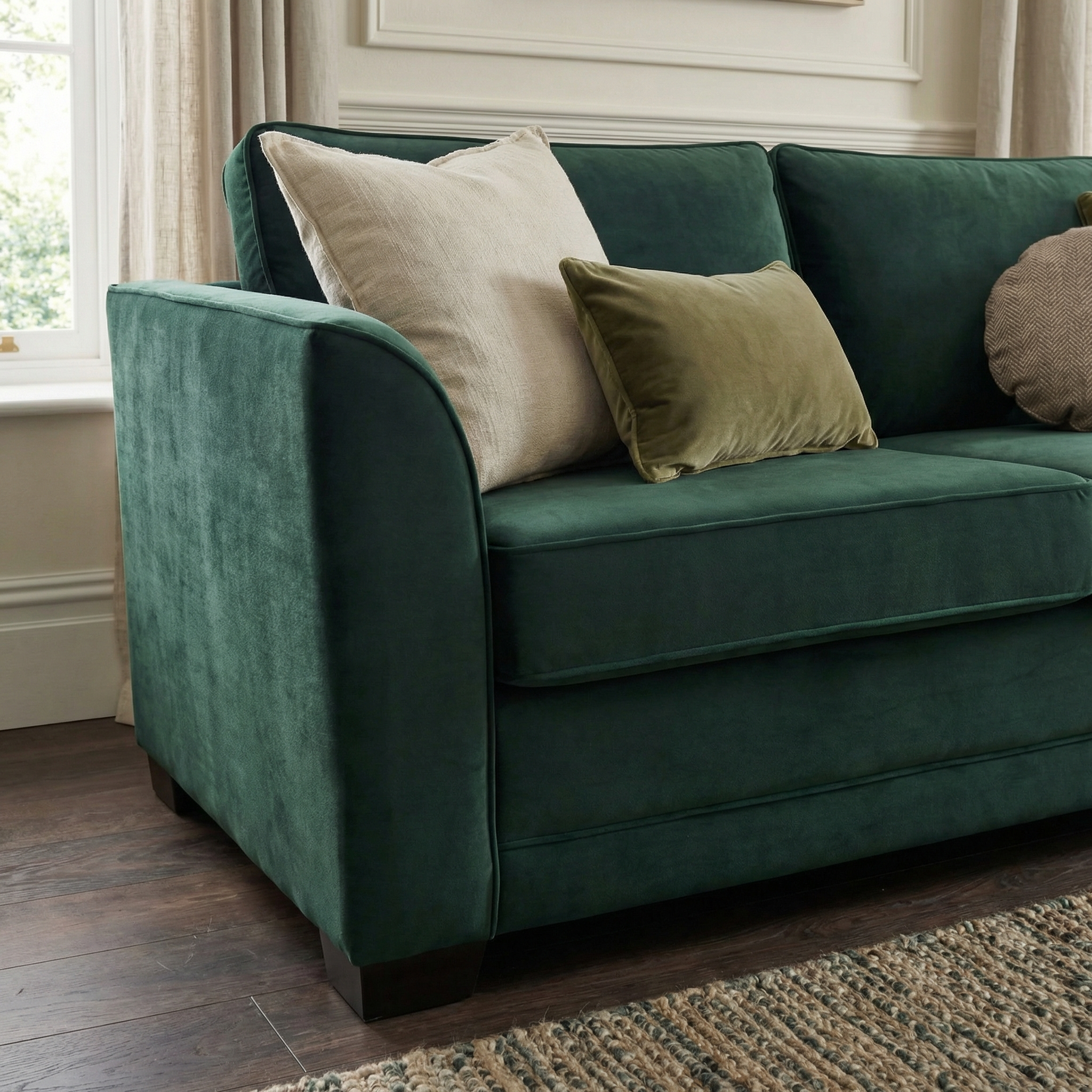 The Ardley 3 Seat Velvet Sofa Bed in Bottle Green, featuring beige and green cushions, rests on a wooden floor near a curtained window. This British-made piece adds elegance and comfort to any space.