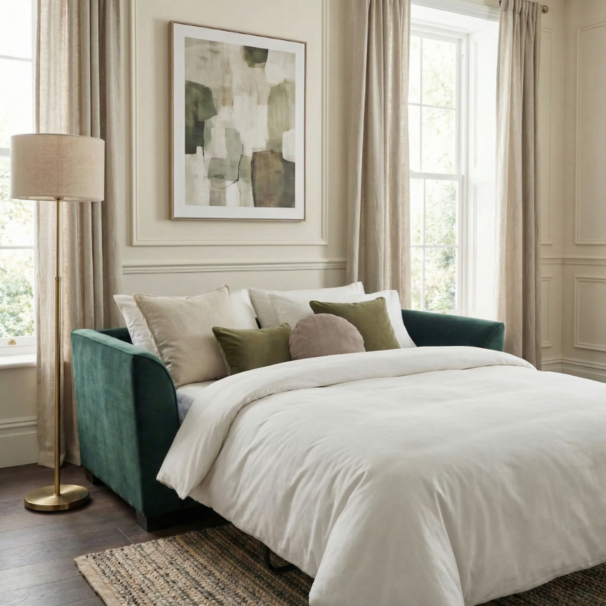 A cozy bedroom featuring the Ardley 3 Seat Velvet Sofa Bed in Bottle Green, complemented by white bedding, pillows, a tall lamp, and large windows with beige curtains.