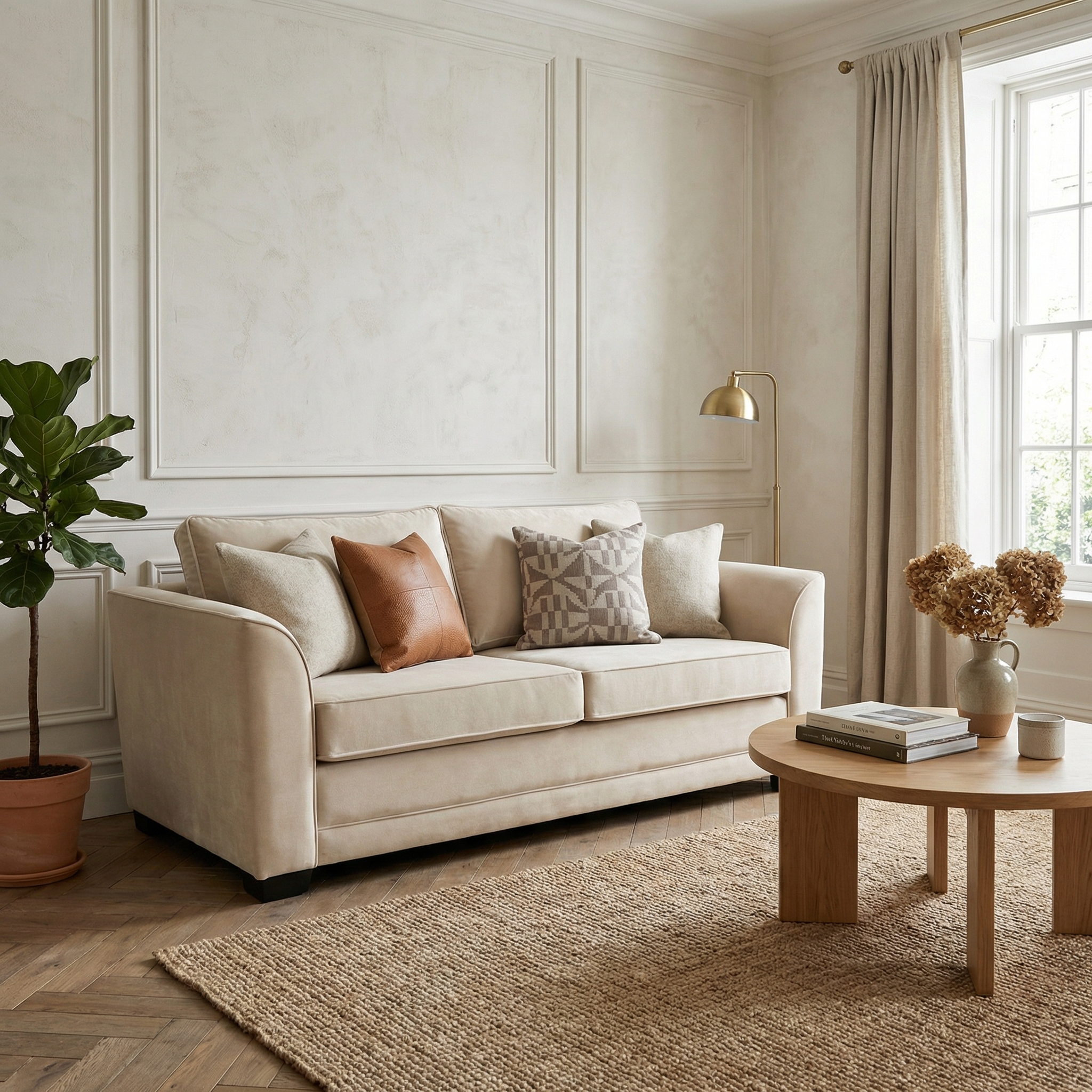 The Ardley 3 Seat Velvet Sofa Bed in Cream, paired with a wooden coffee table, potted plant, and dried flowers, enhances this bright living room.