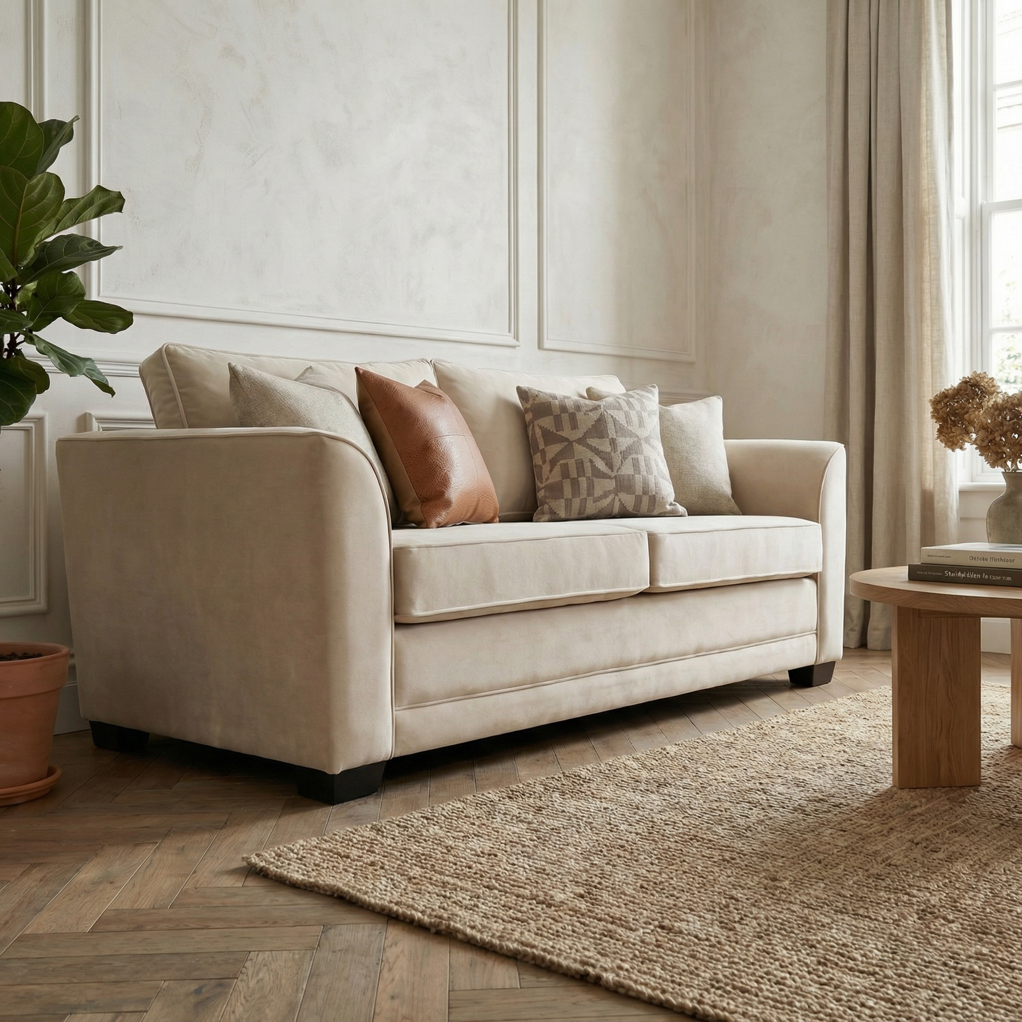 The Ardley 3 Seat Velvet Sofa Bed in Cream is styled with assorted pillows in a bright, cozy living room featuring a rug, plant, and coffee table.
