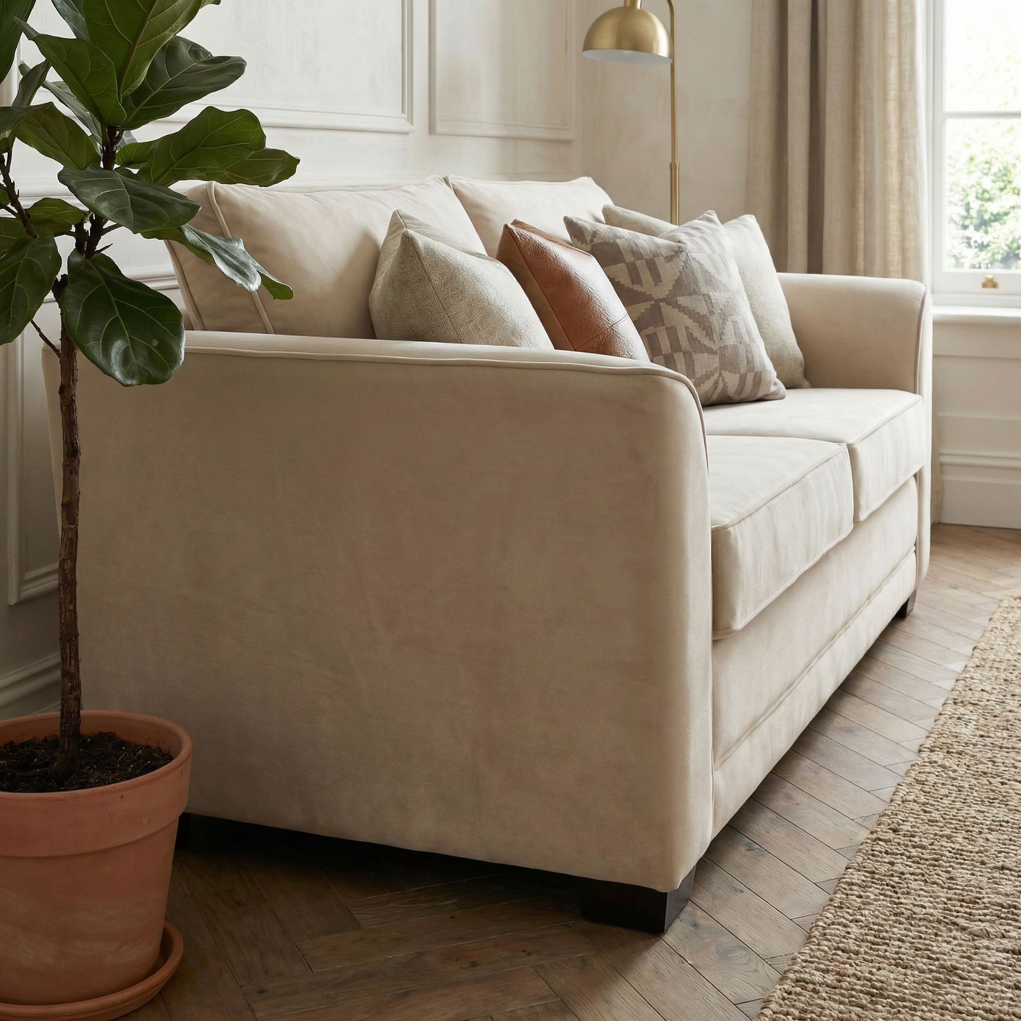Ardley 3 Seat Velvet Sofa Bed in Cream with assorted cushions stands beside a potted plant in a bright, cozy living room.