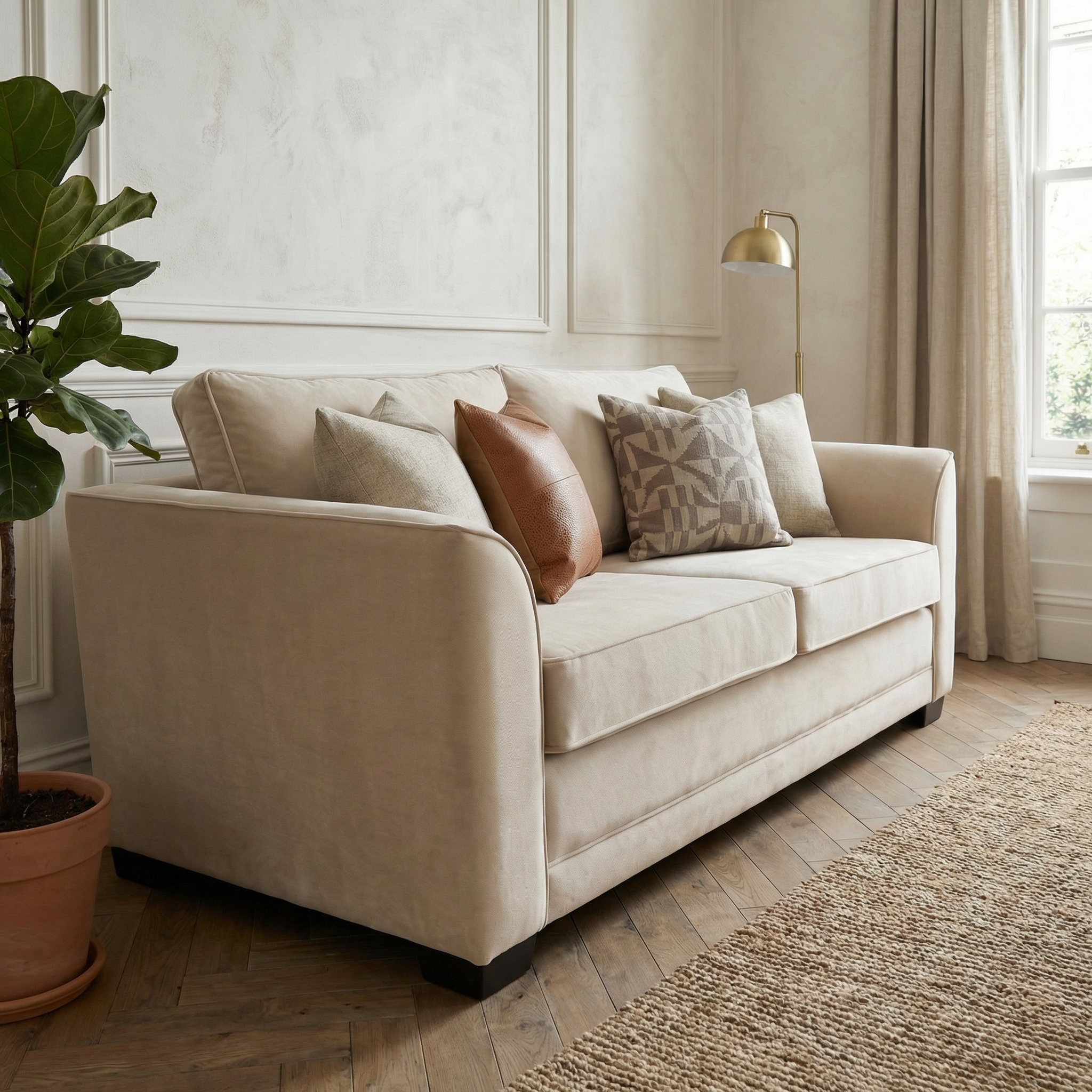 The Ardley 3 Seat Velvet Sofa Bed in Cream sits in a bright, cozy living room with assorted pillows, a nearby plant, and a floor lamp.