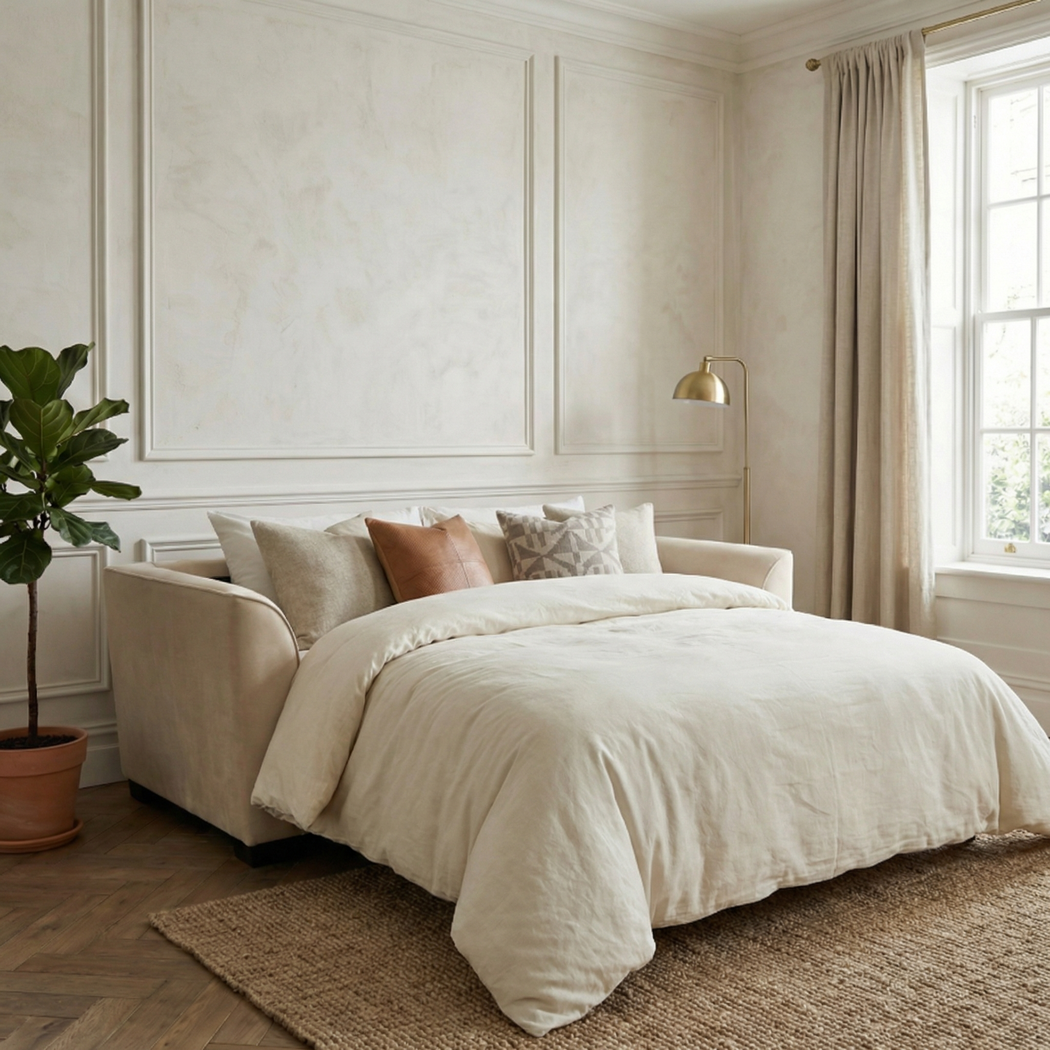 A cozy, neutral-toned bedroom featuring the British-made Ardley 3 Seat Velvet Sofa Bed in Cream, soft bedding, a potted plant, and sunlight streaming in.