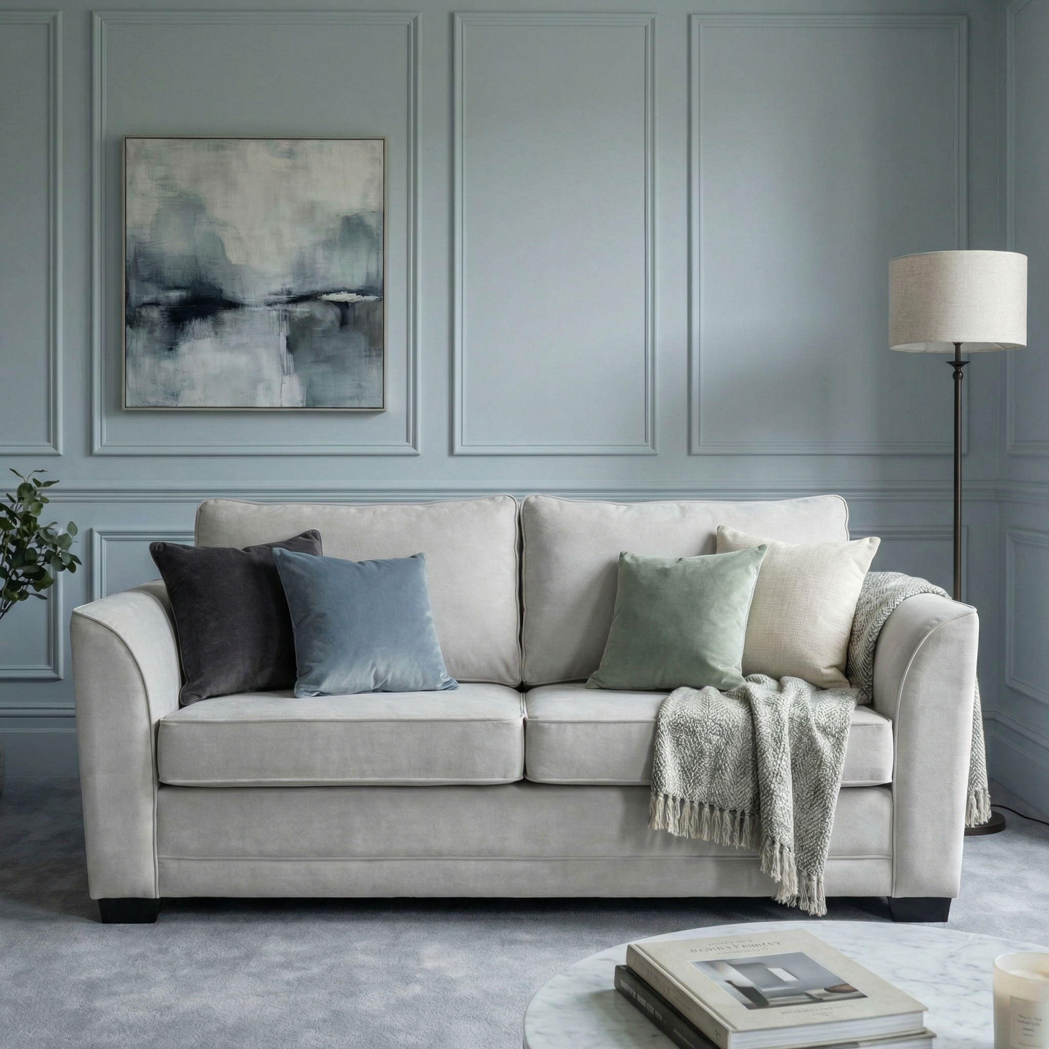 The Ardley 3 Seat Velvet Sofa Bed in Feather Grey is styled with colorful throw pillows, a blanket, and modern decor in a soft blue living room.