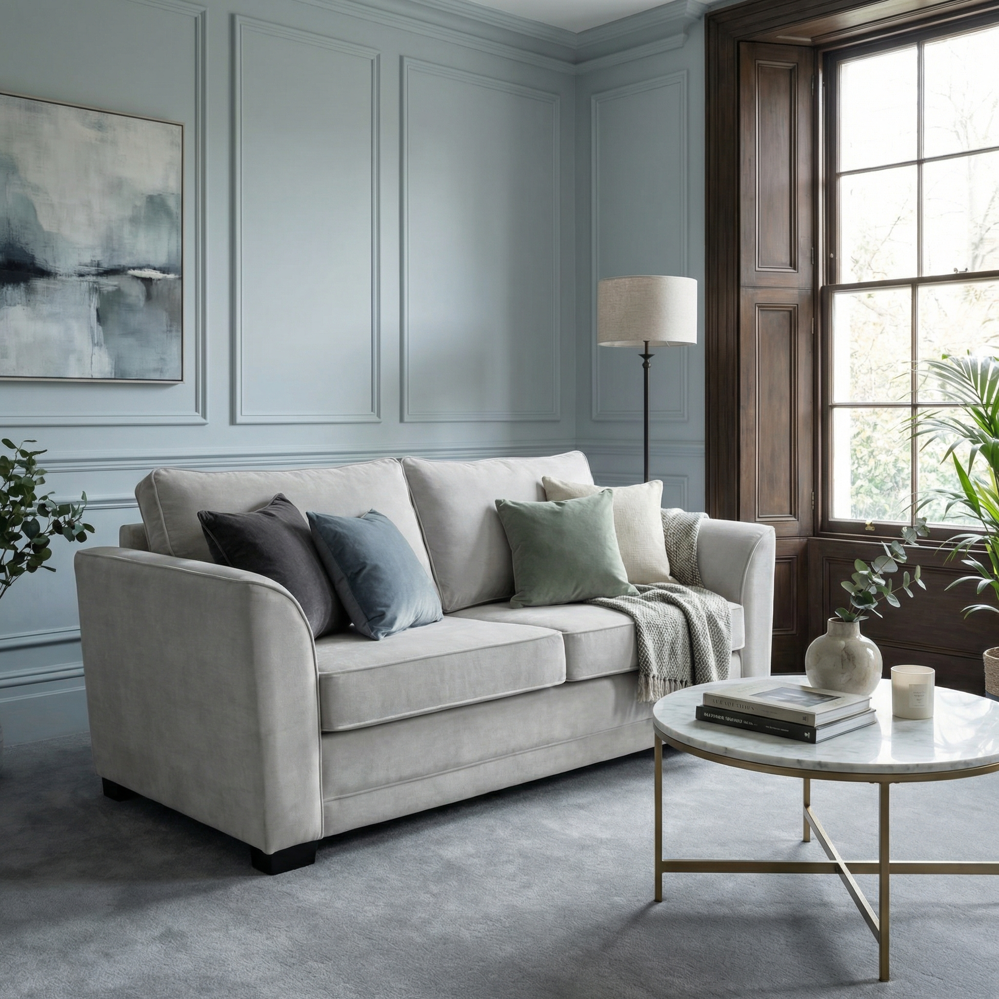 The Ardley 3 Seat Velvet Sofa Bed in Feather Grey is showcased in a modern living room with assorted pillows, a round coffee table, and a large window.