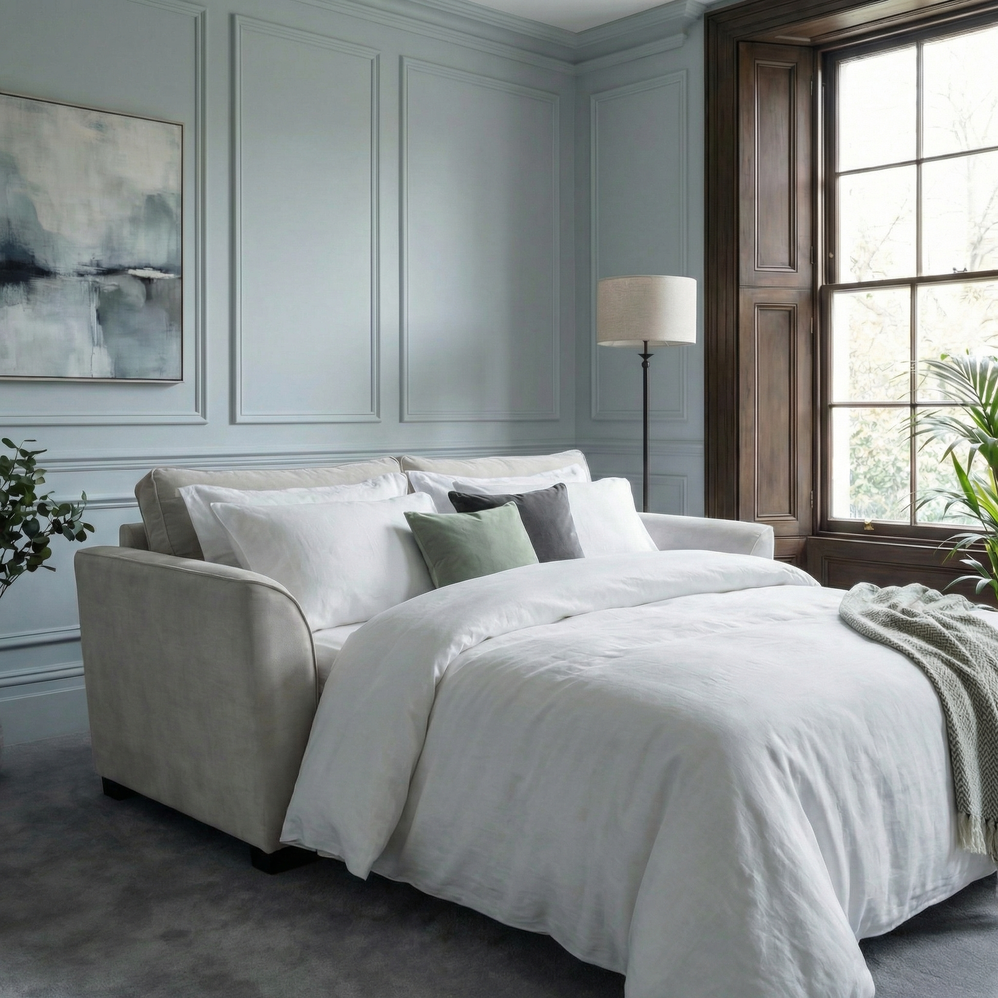 A modern bedroom with a beige bed, white bedding, large window, pastel wall art, and the Ardley 3 Seat Velvet Sofa Bed in Feather Grey with a pocket sprung mattress for extra comfort.