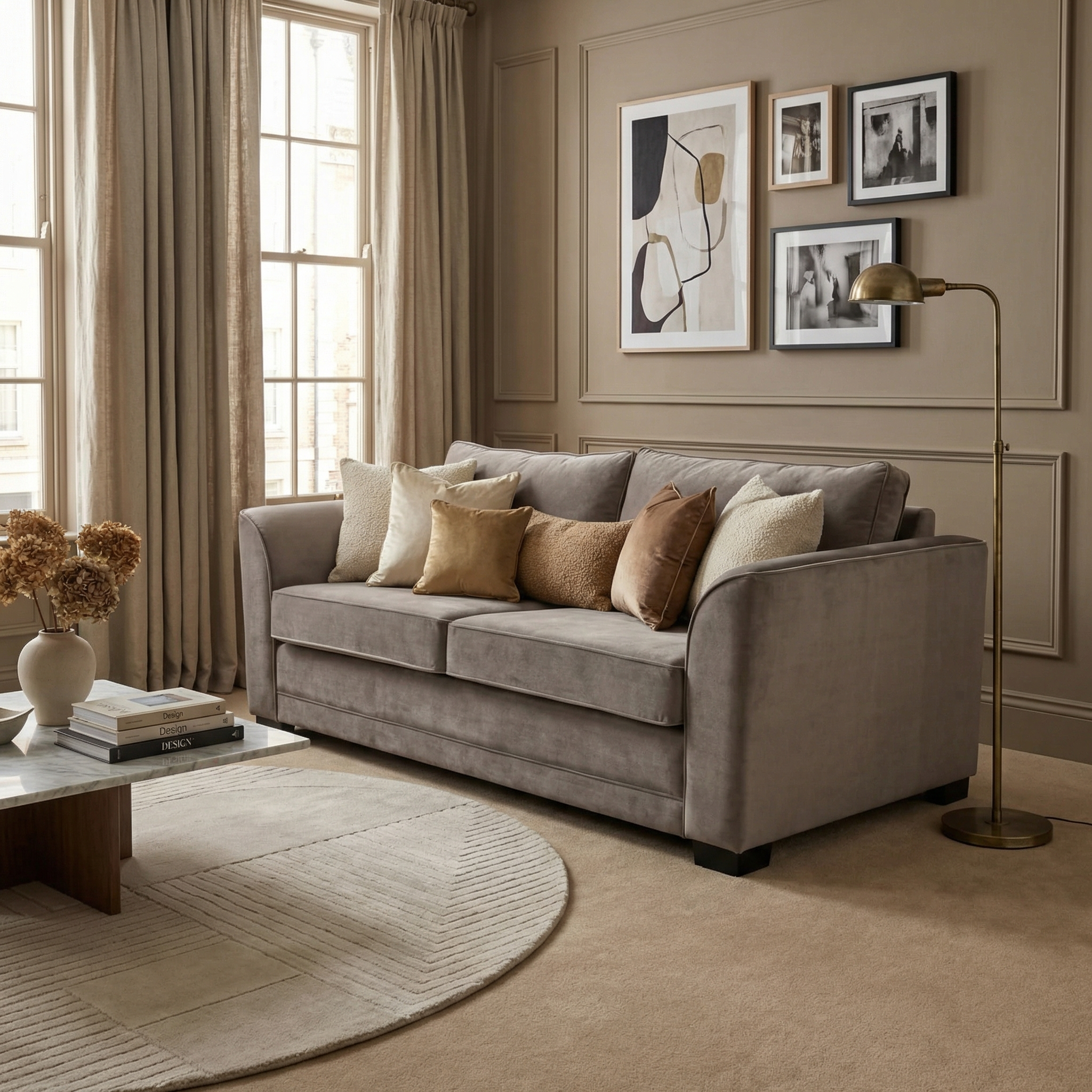 A modern living room with the Ardley 3 Seat Velvet Sofa Bed in Mink, neutral cushions, a floor lamp, framed art, and beige decor—combining style and versatility with an easy Sedac mechanism for effortless transformation.