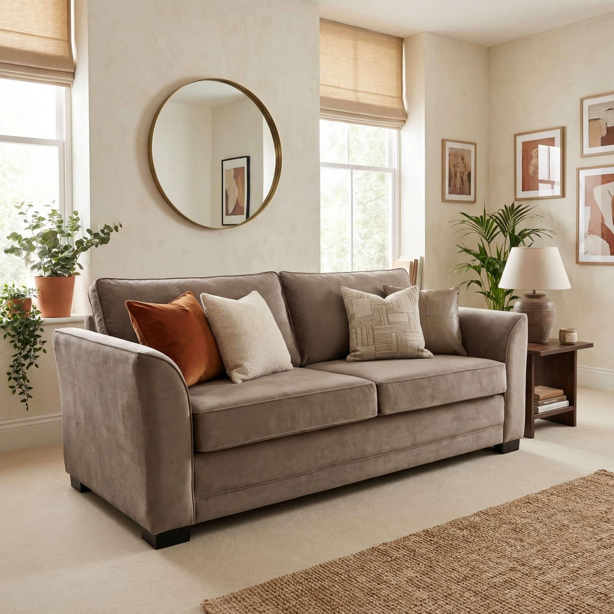 Modern living room featuring the Ardley 3 Seat Velvet Sofa Bed in Mink, highlighted with throw pillows, potted plants, and wall art near large windows.