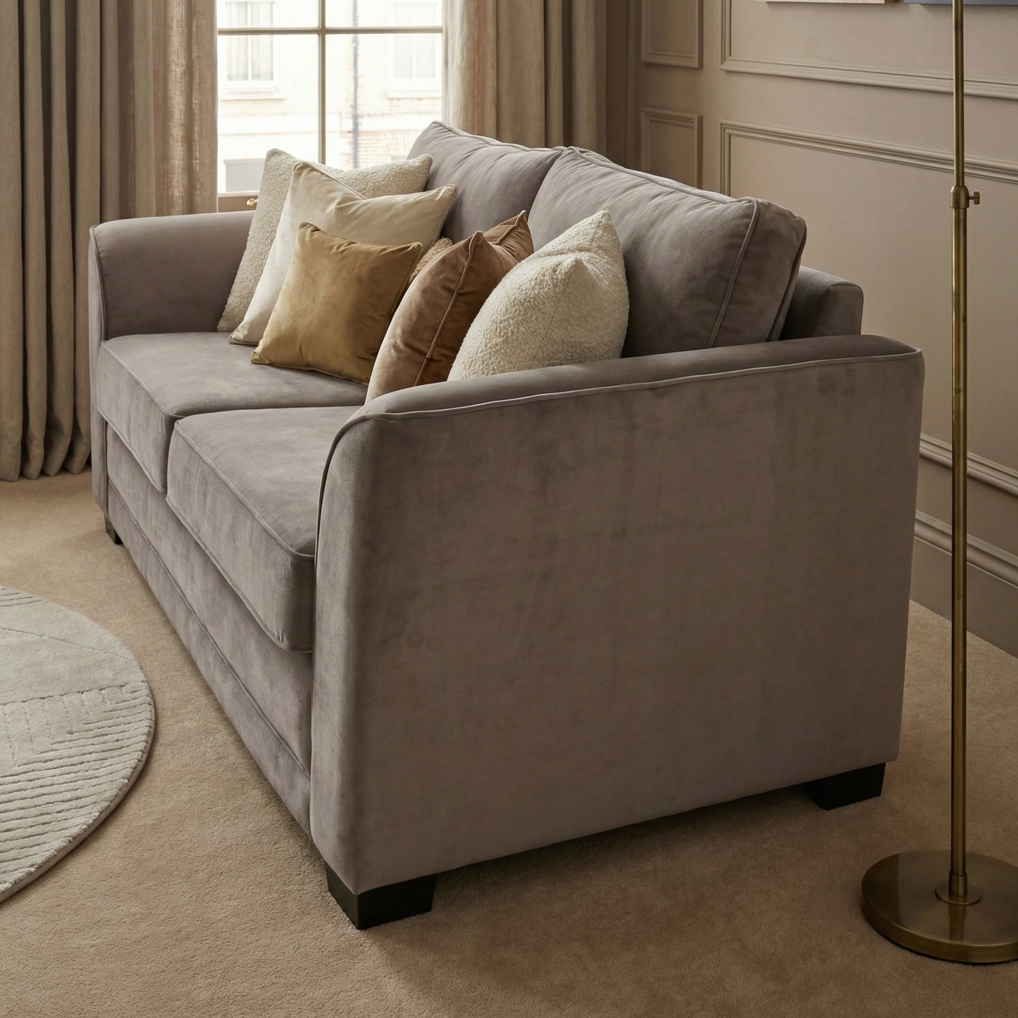 The Ardley 3 Seat Velvet Sofa Bed in Mink, accented with assorted cushions, sits in a cozy living room with beige carpet and curtains, offering comfort and style with its Sedac mechanism.